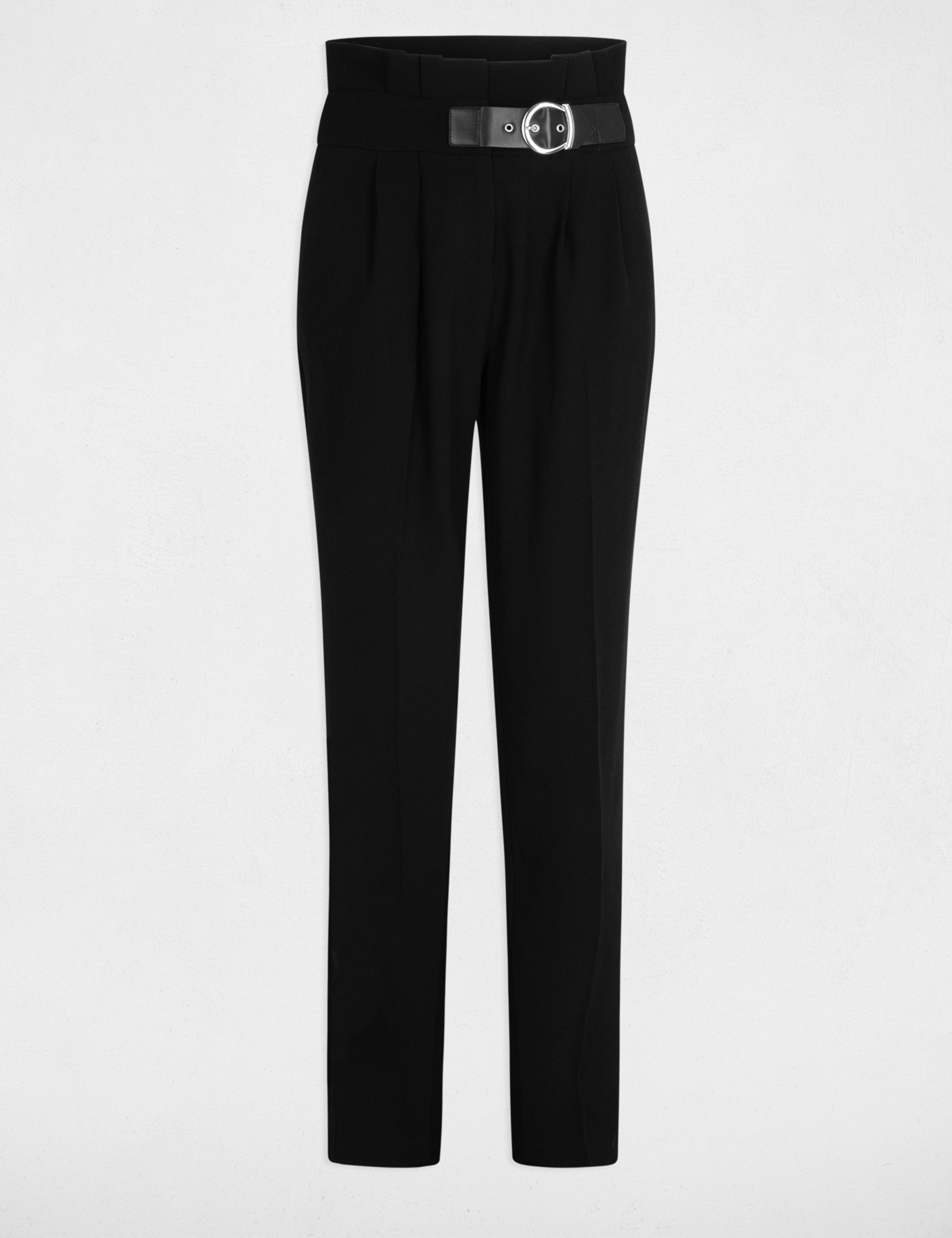 Overdose Pantalon Carotte avec Ceinture Obi, Femme Casual Classique Longue Fuselé Ajusté Coton Élastique Taille Haute Trousers (S, Noir