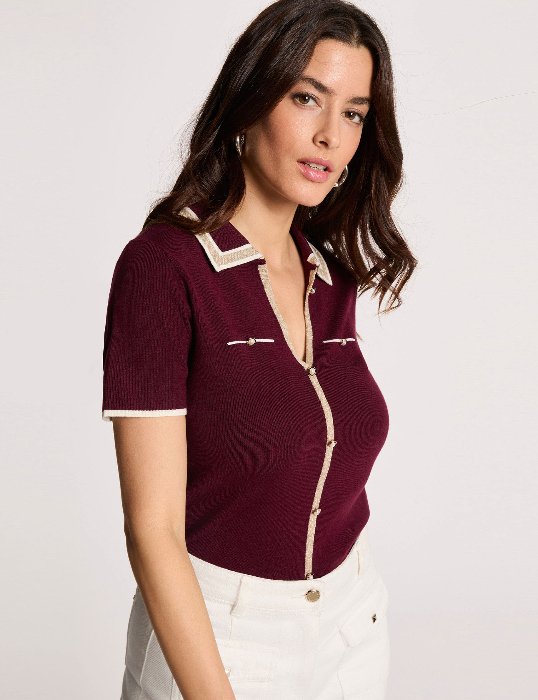 Haut Manches Courtes En Tricot Violet Honors - Taille L - Brodé Col