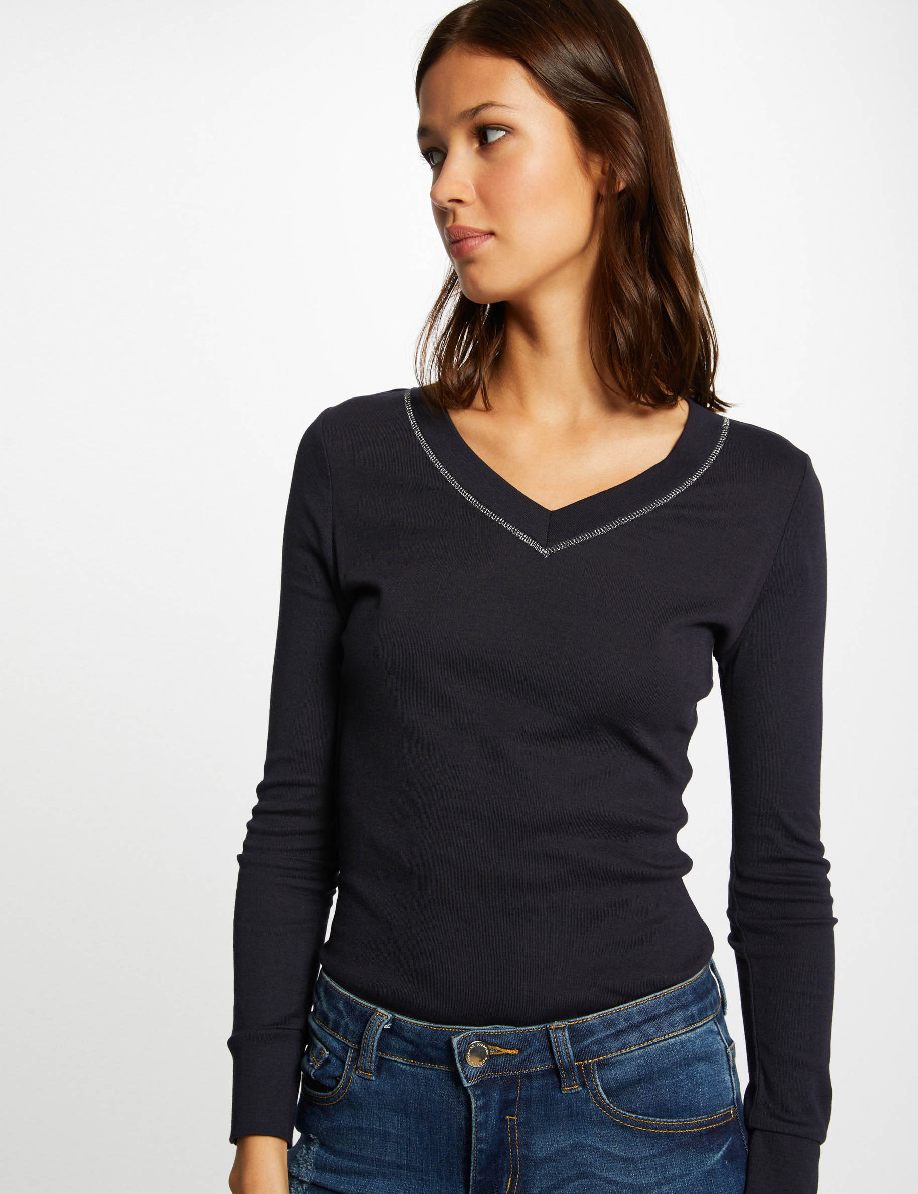 T-shirt manches longues avec col en V marine femme T-shirt manches longues avec col en V marine femme