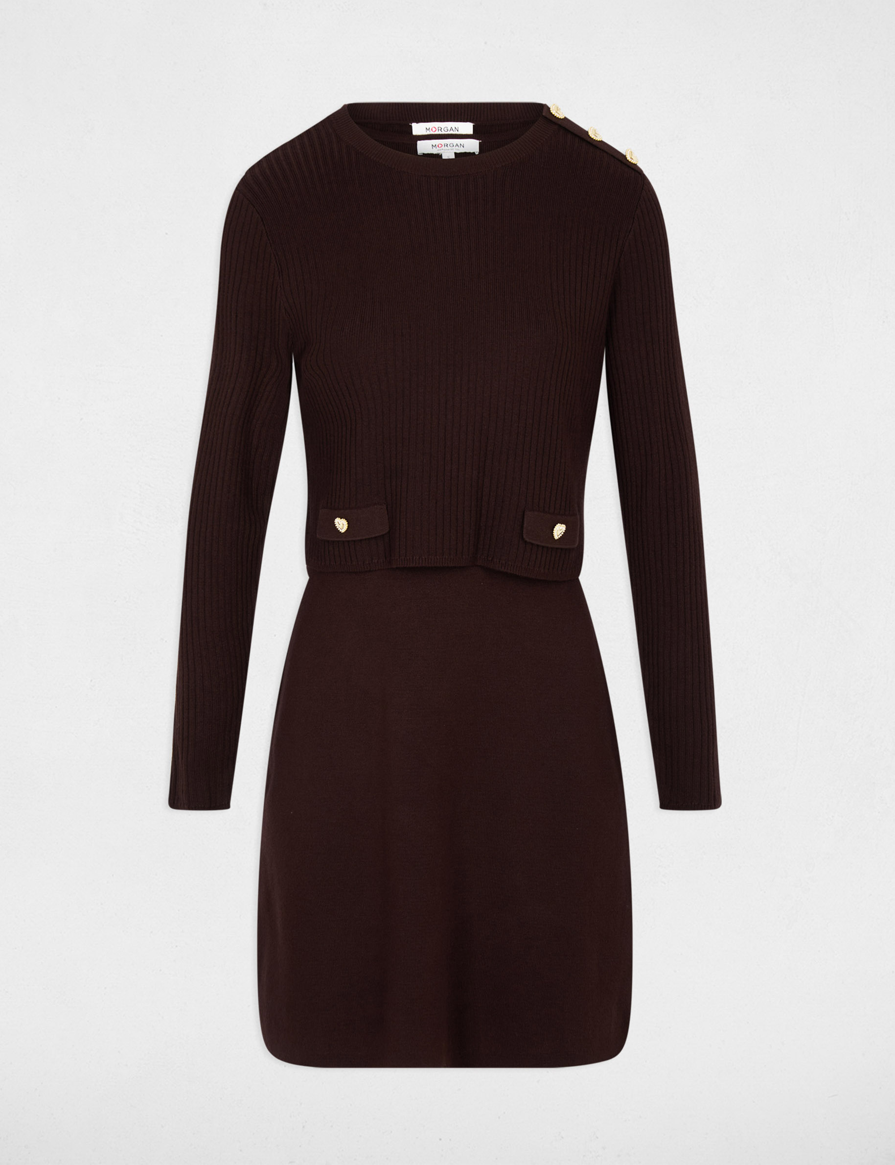 Robe tricot courte effet 2-en-1 marron fonc&eacute; femme