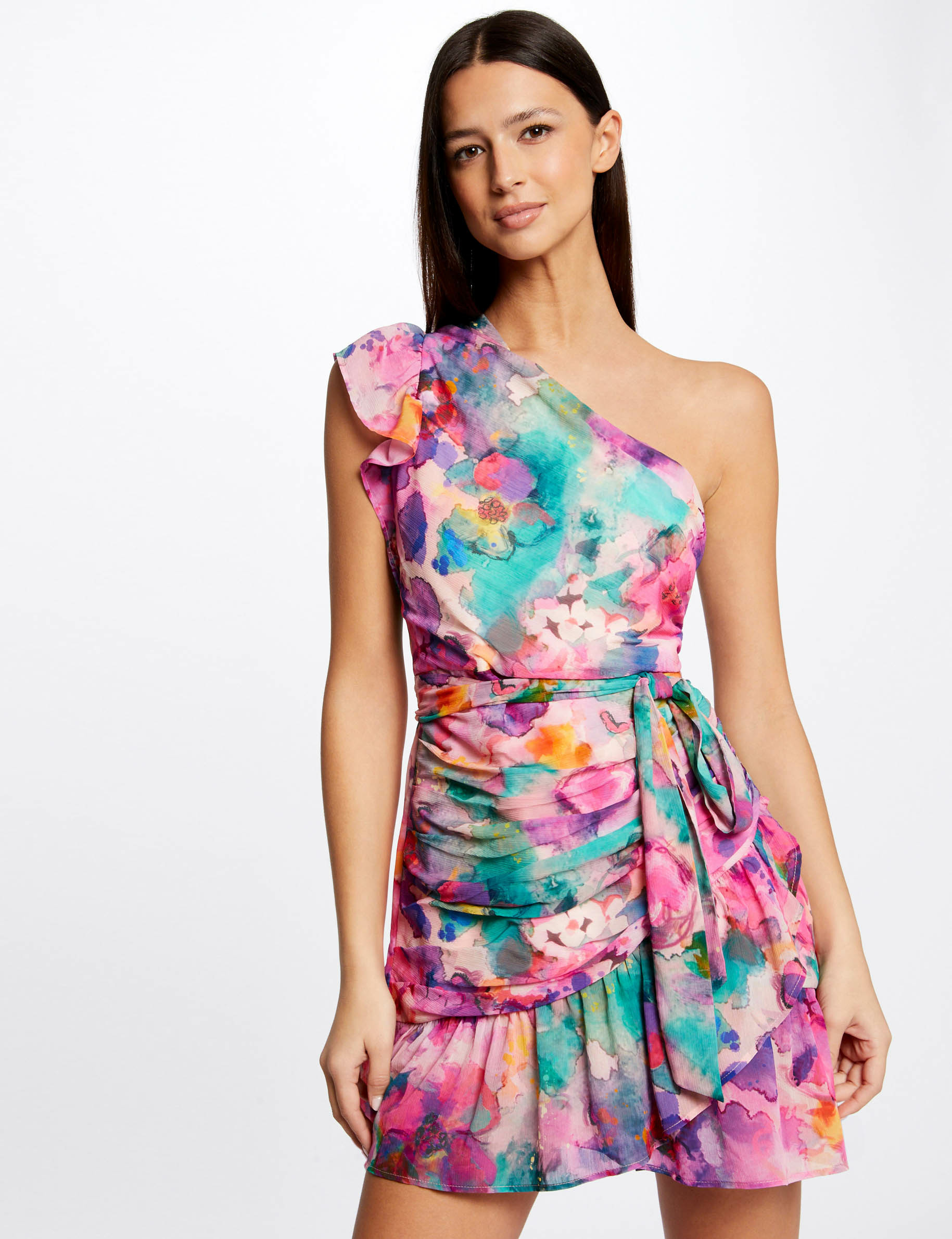 Robe ajustée drapée asymétrique imprimée multico femme Robe ajustée drapée asymétrique imprimée multico femme