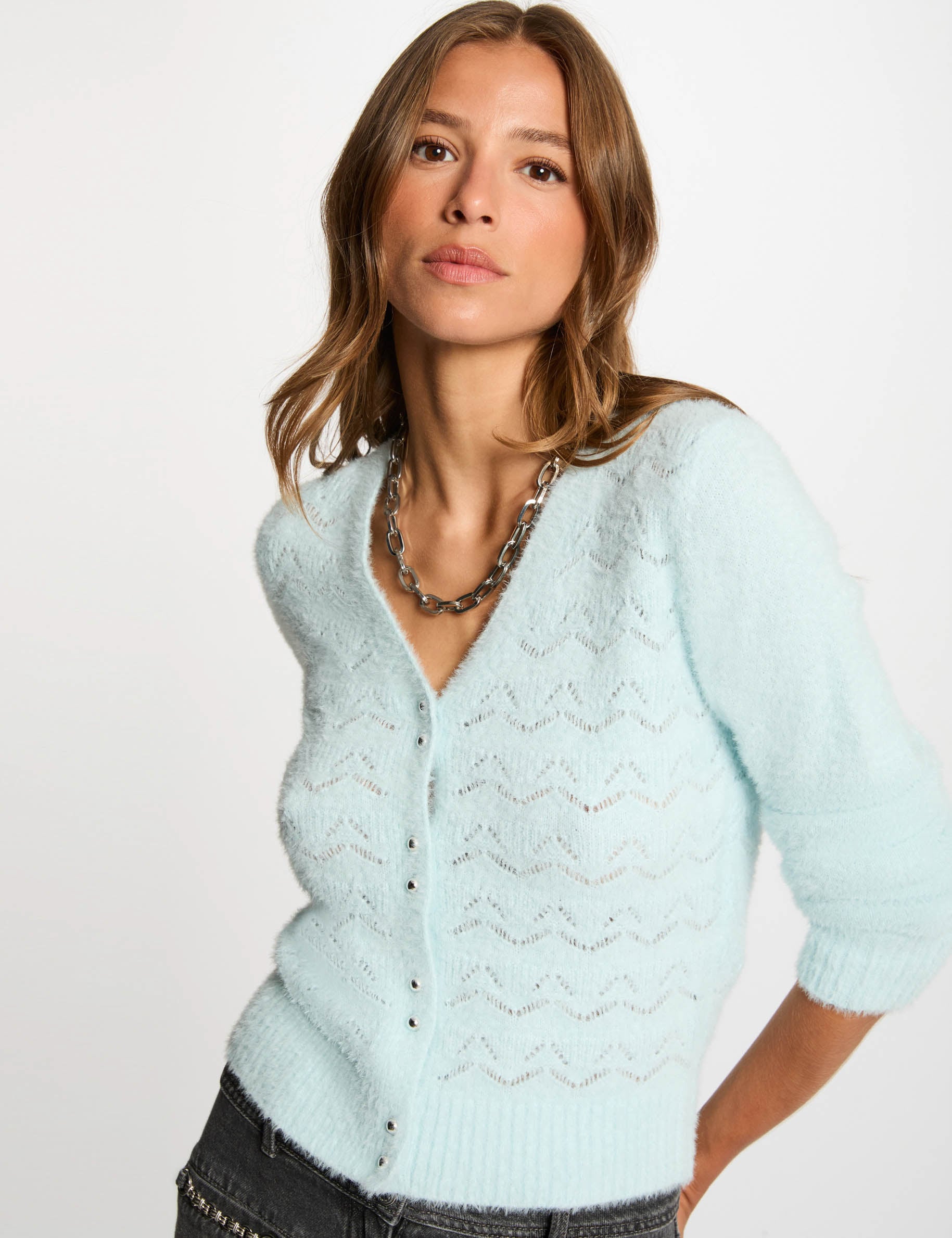 Gilet col v textur&eacute; bleu ciel femme
