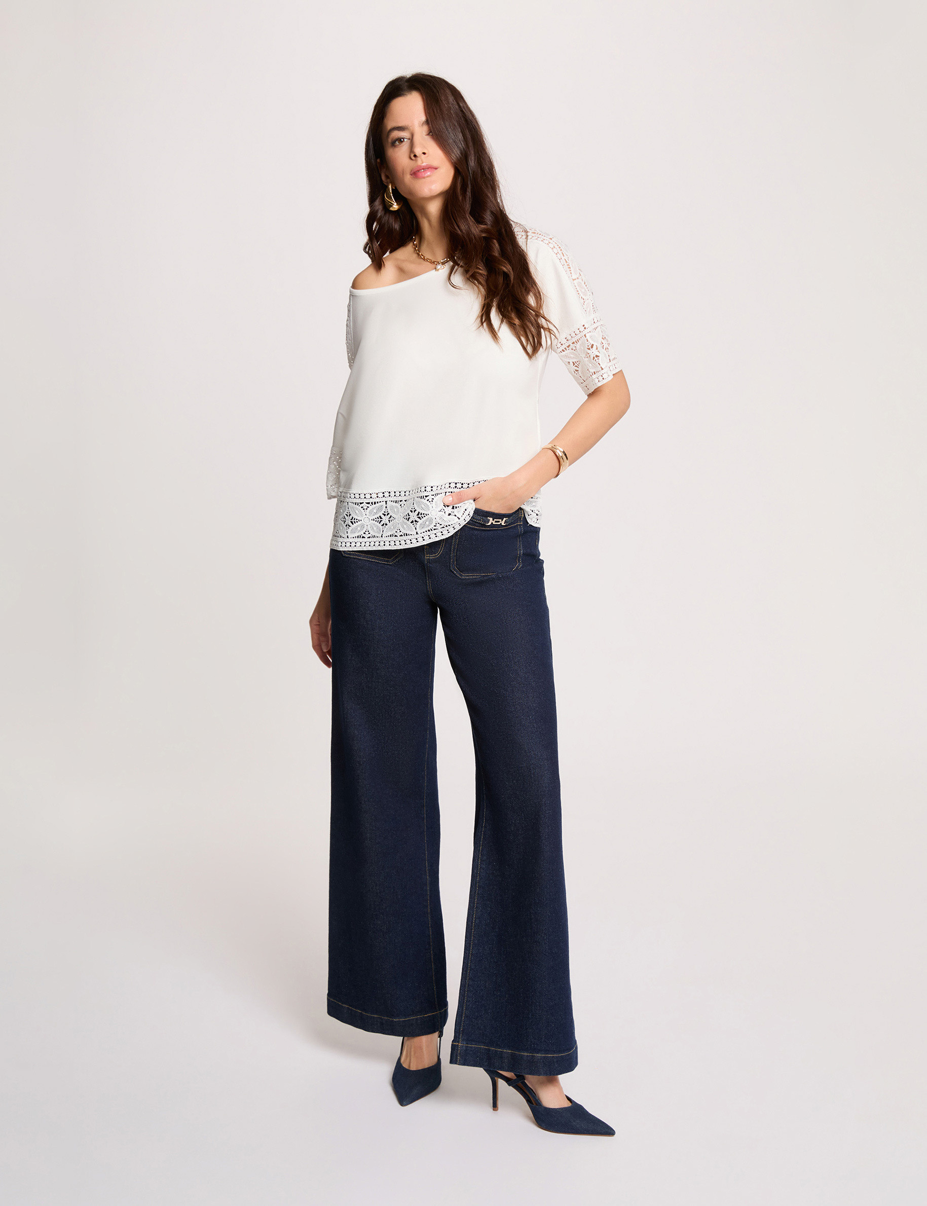T-shirt dentelle col rond blanc femme