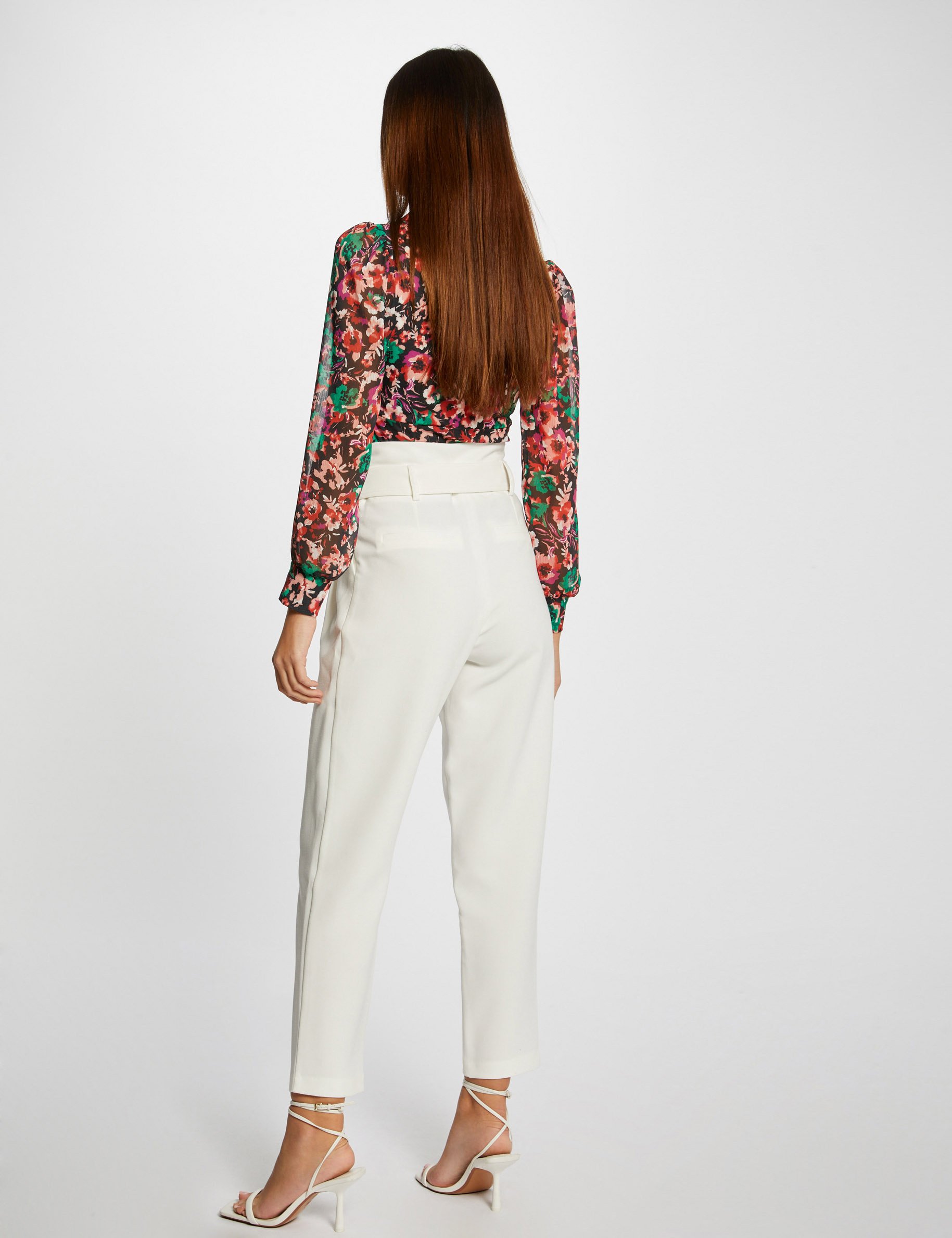 Pantalon droit taille haute ceinturé ecru femme