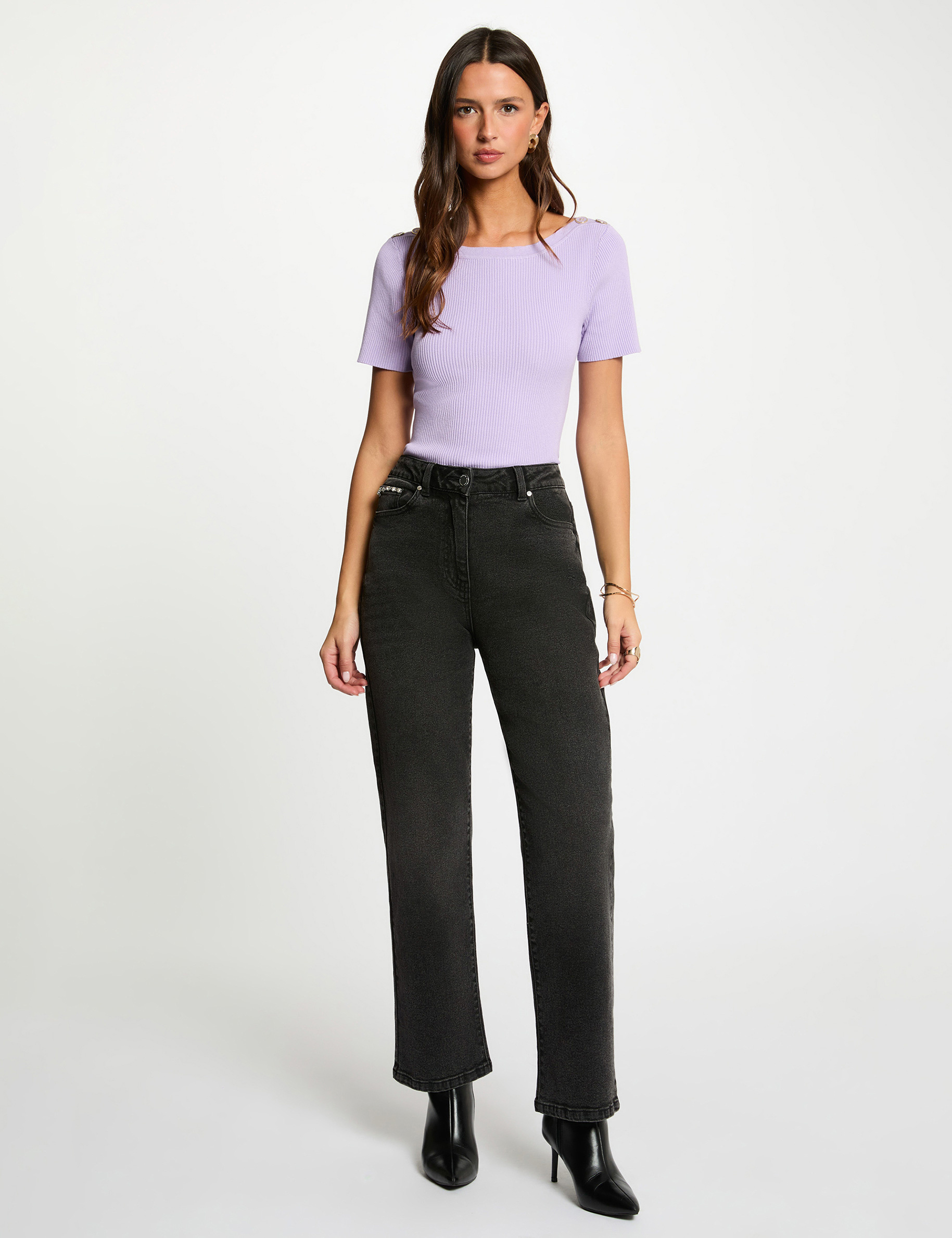 Pull col bateau et boutons mauve femme