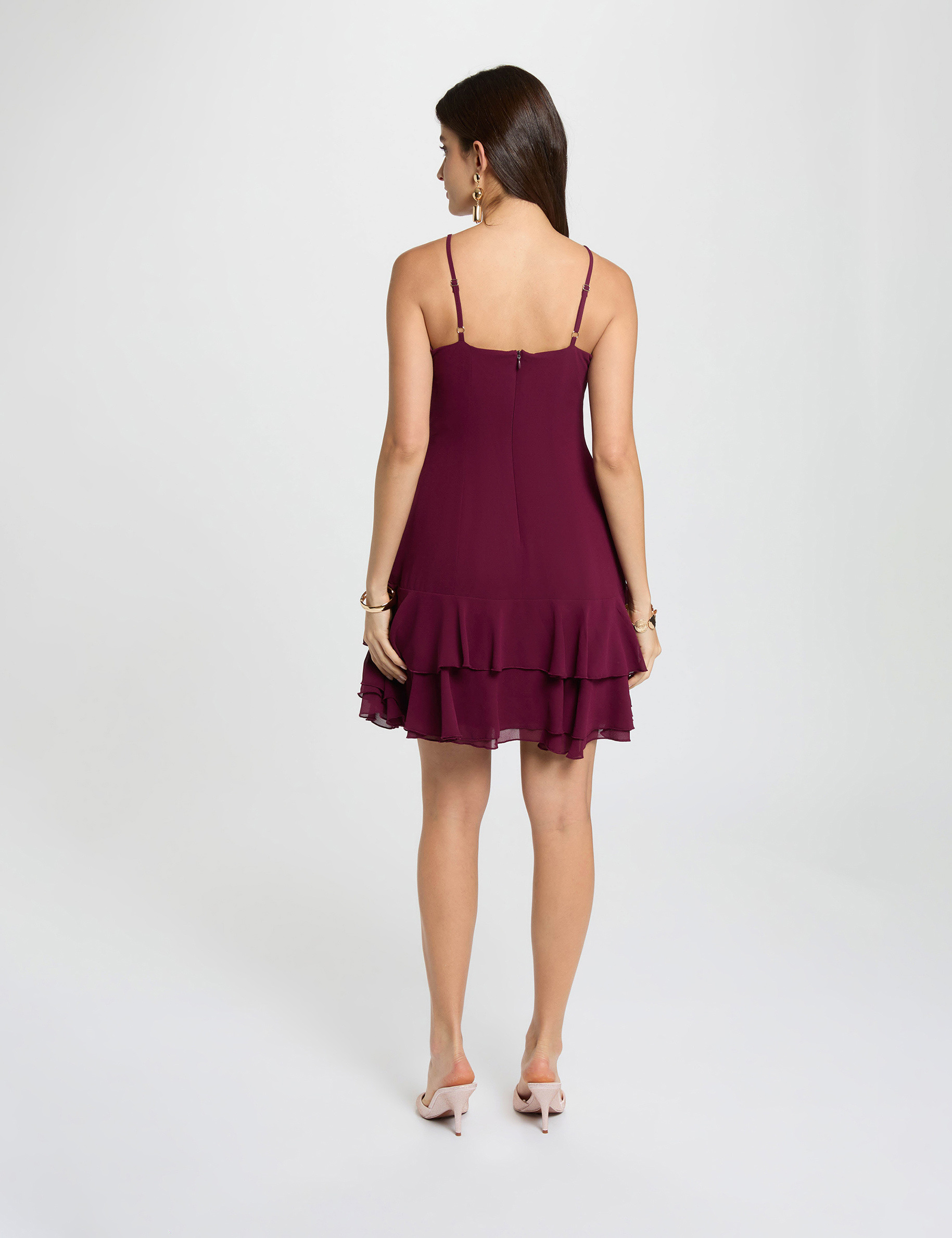 Robe courte col v prune femme