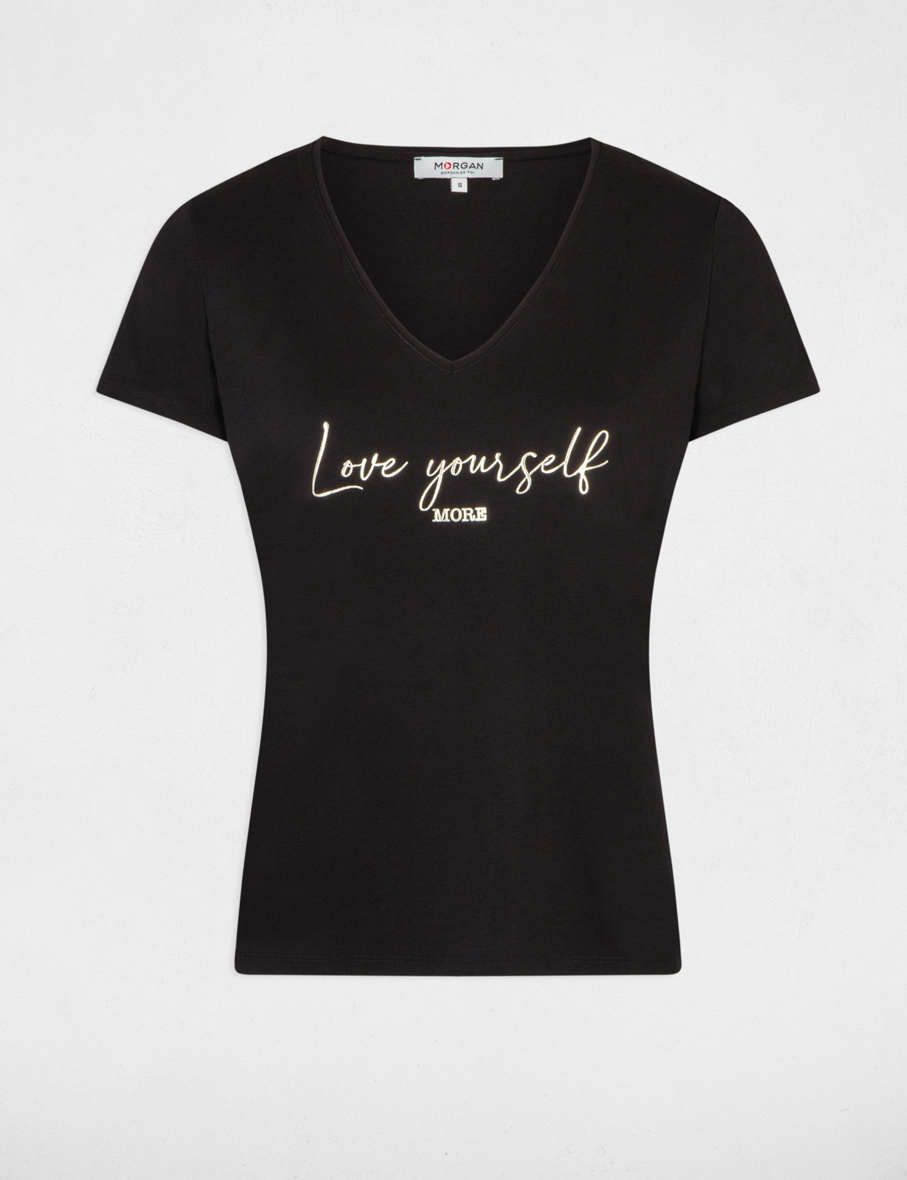 T-shirt à inscription col en V noir femme
