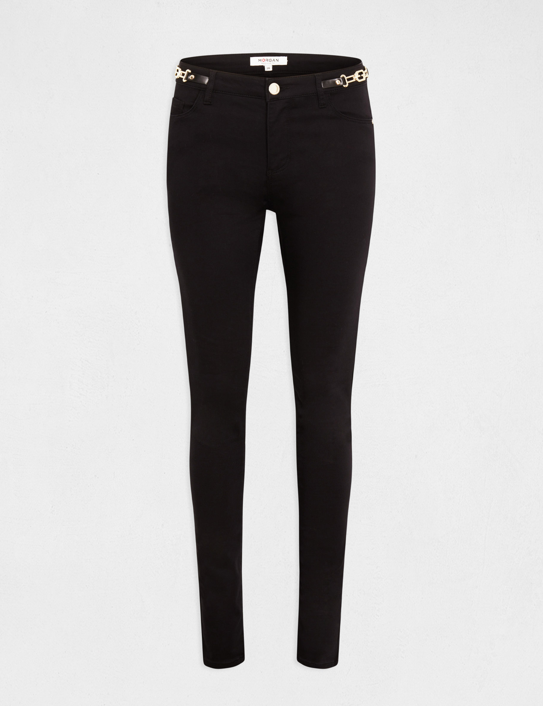 pantalon skinny a details chaines noir femme Pantalon skinny à détails chaînes noir femme