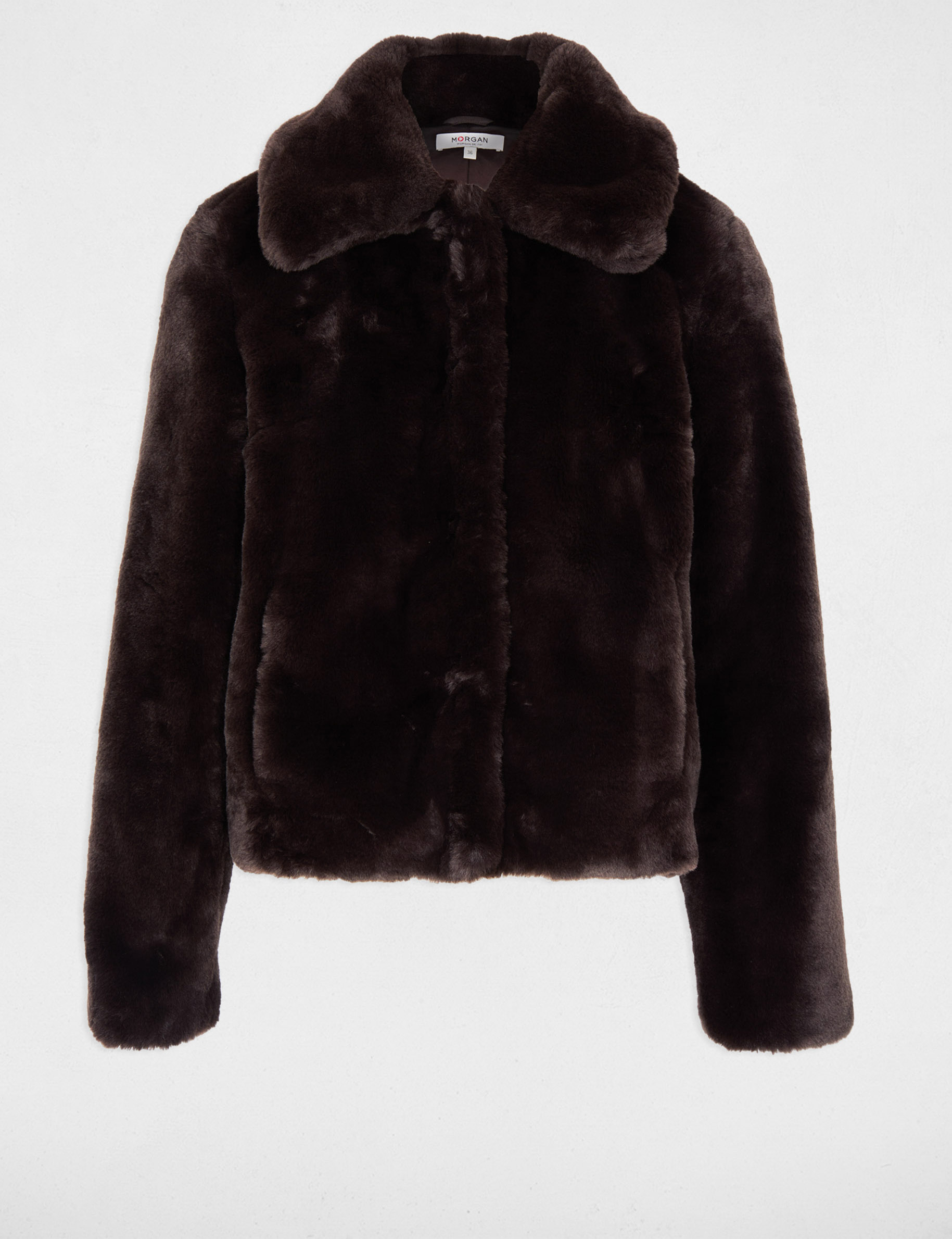 Veste courte fausse fourrure marron fonc&eacute; femme