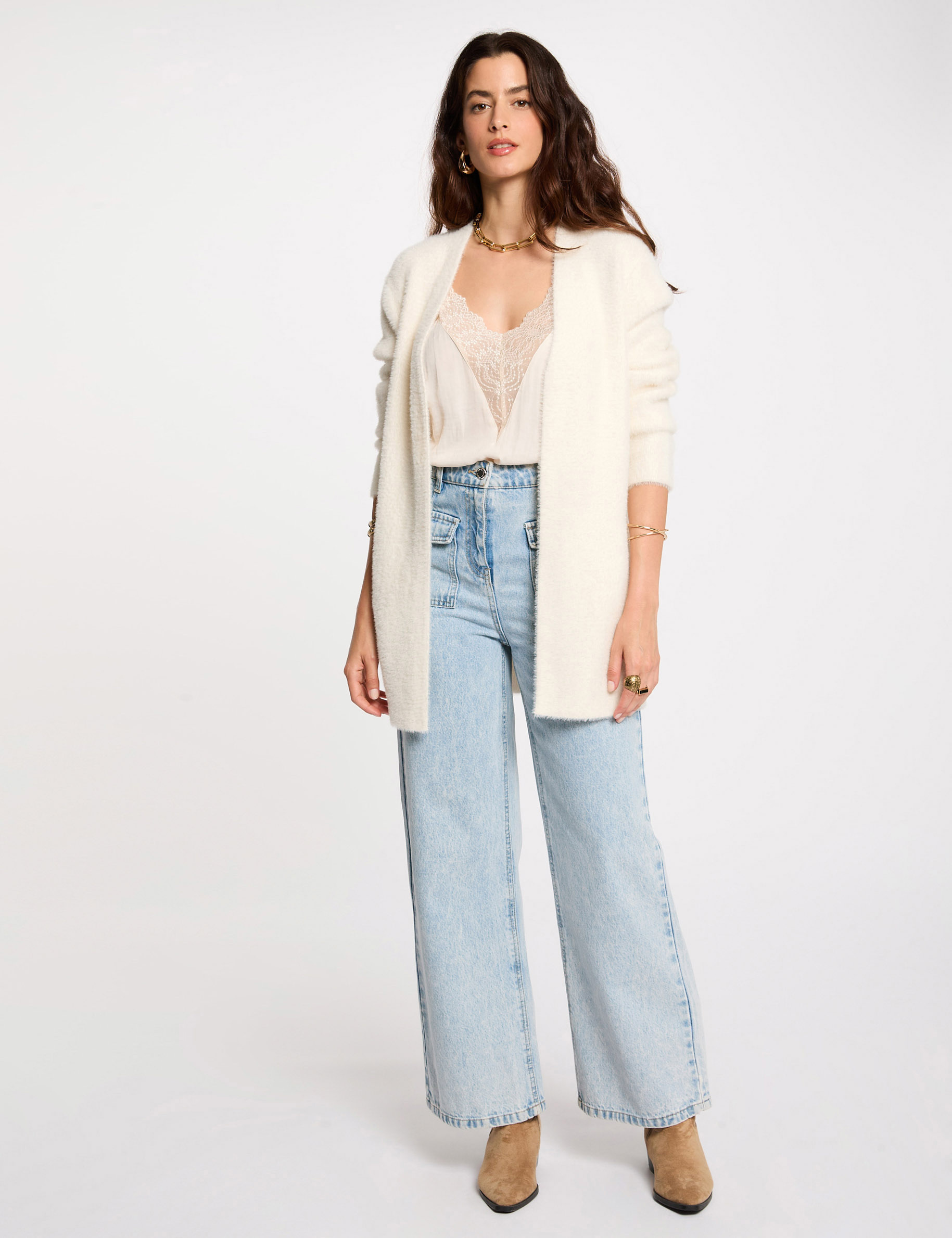 Image of Gilet long maille duveteuse ivoire femme