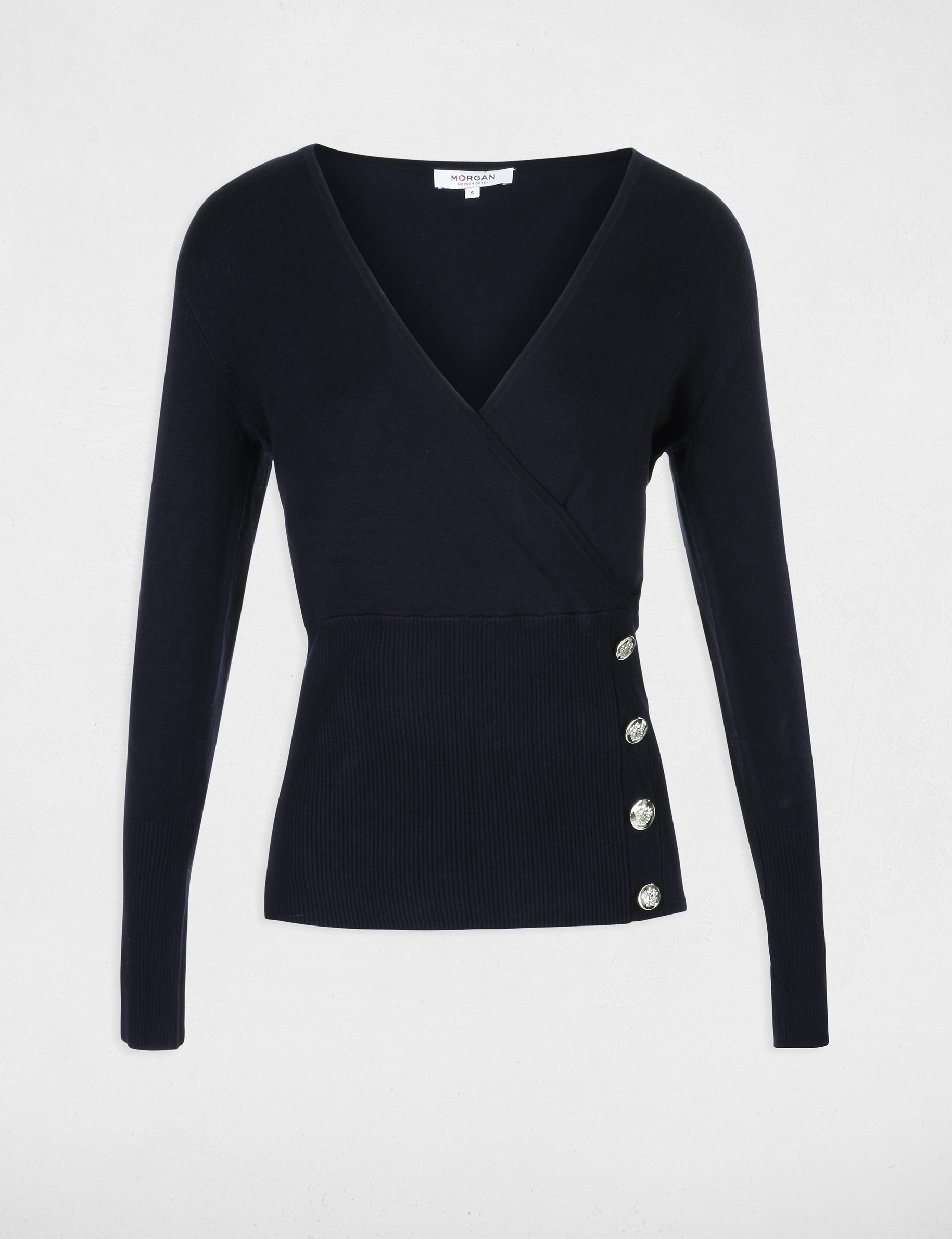 Pull manches longues &agrave; col effet crois&eacute; bleu marine femme
