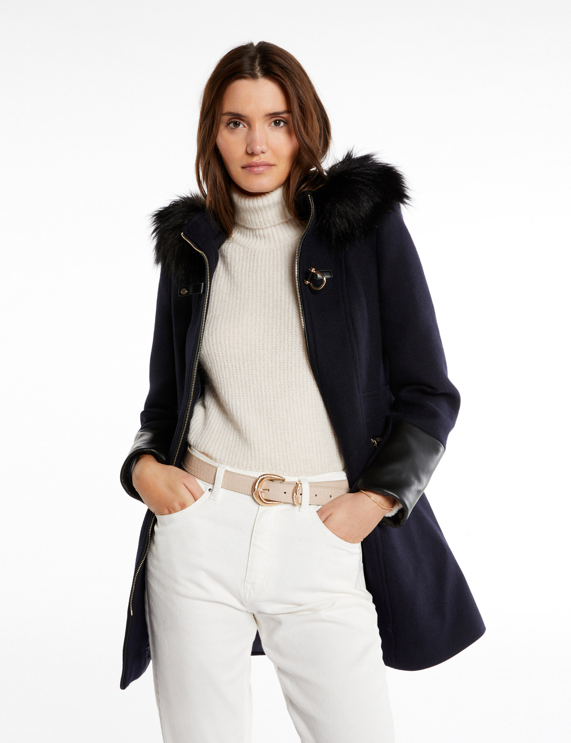 manteau droit zippe a capuche marine femme Manteau droit zippé à capuche marine femme