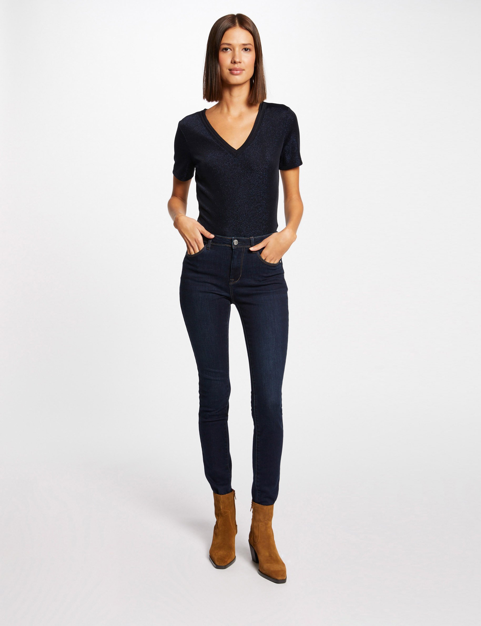 T-shirt manches courtes avec col en V marine femme