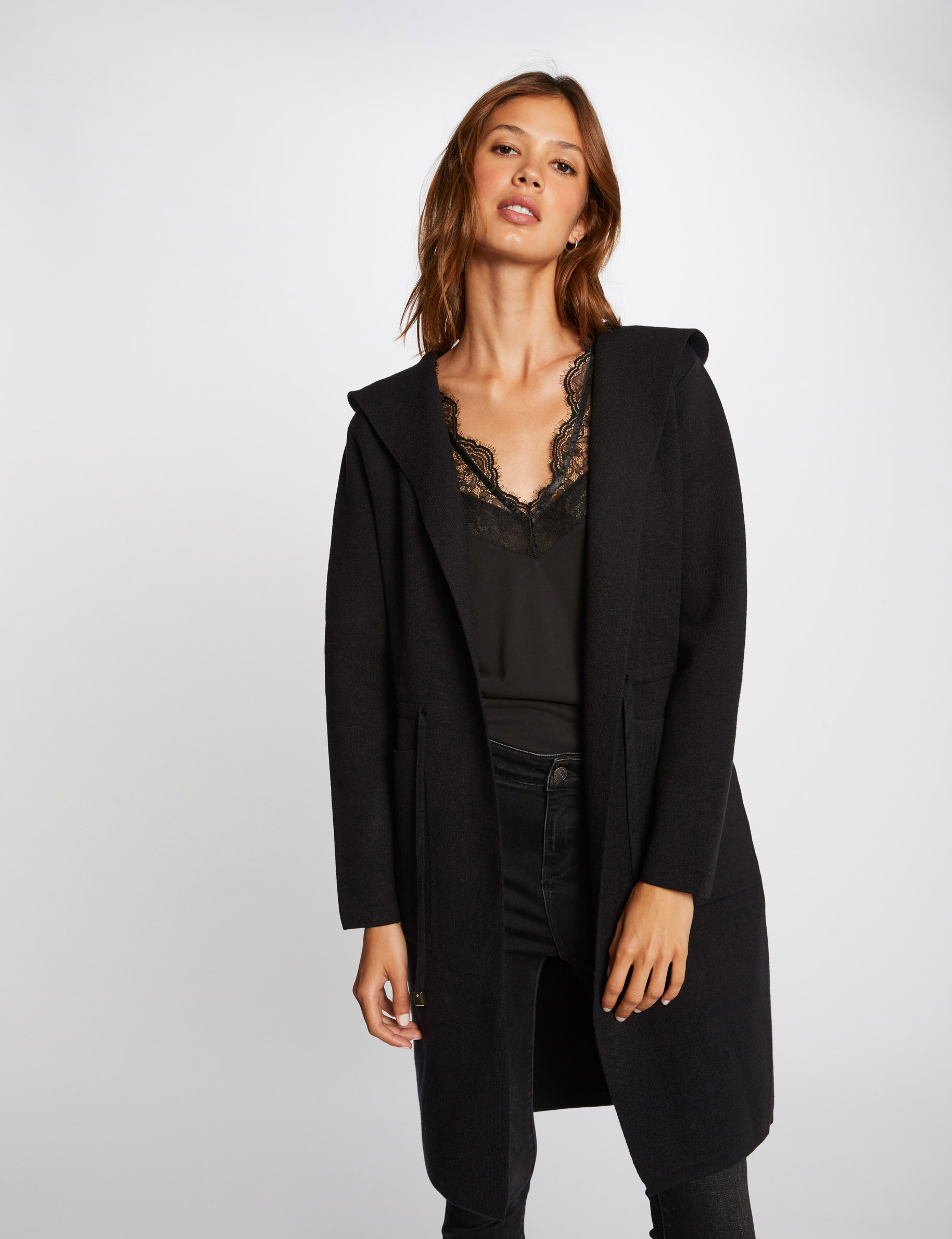 Gilet manches longues à capuche noir femme Morgan