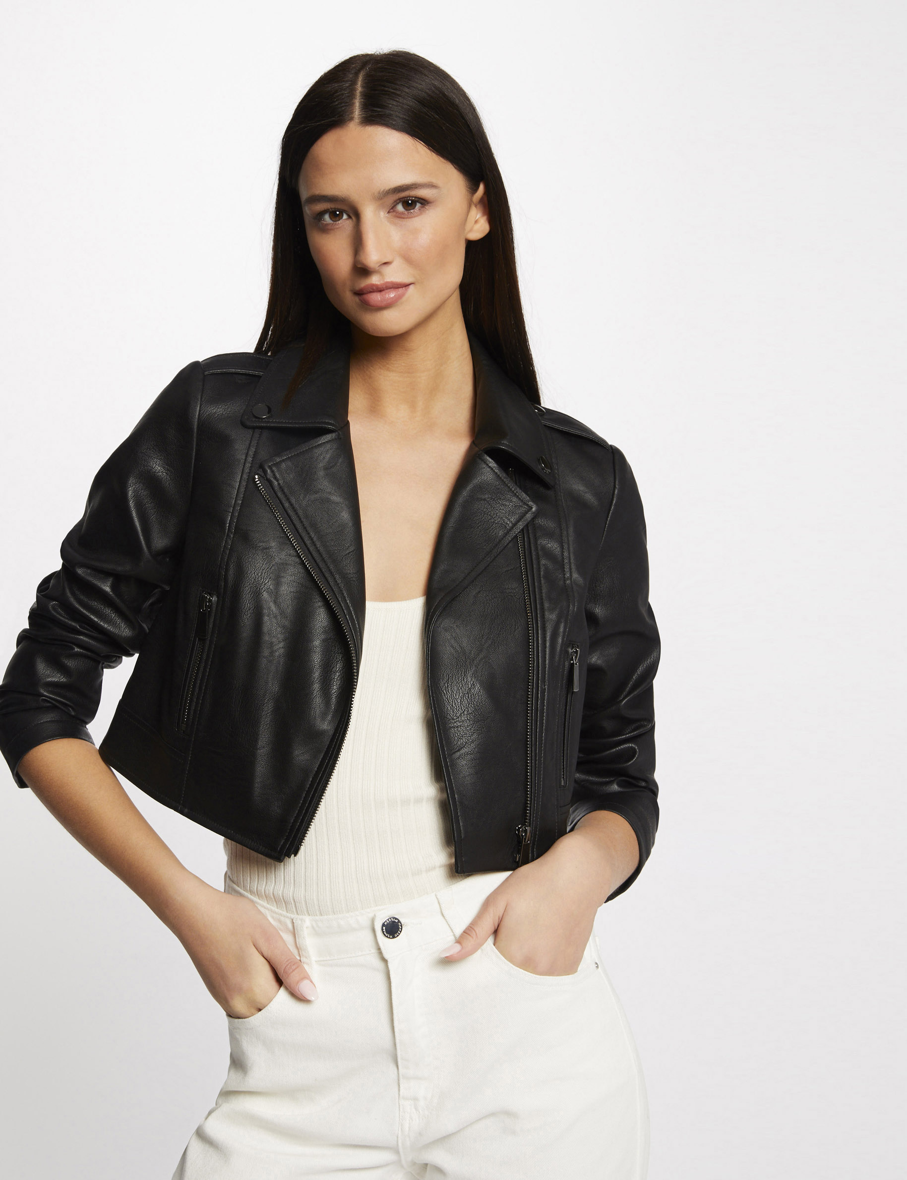 blouson droit zippe simili cuir noir femme Blouson droit zippé simili cuir noir femme