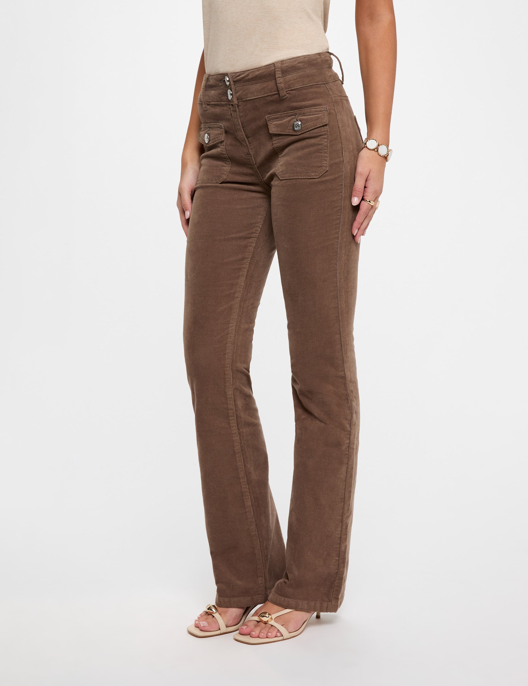 Pantalon ajust&eacute; velours vert kaki femme