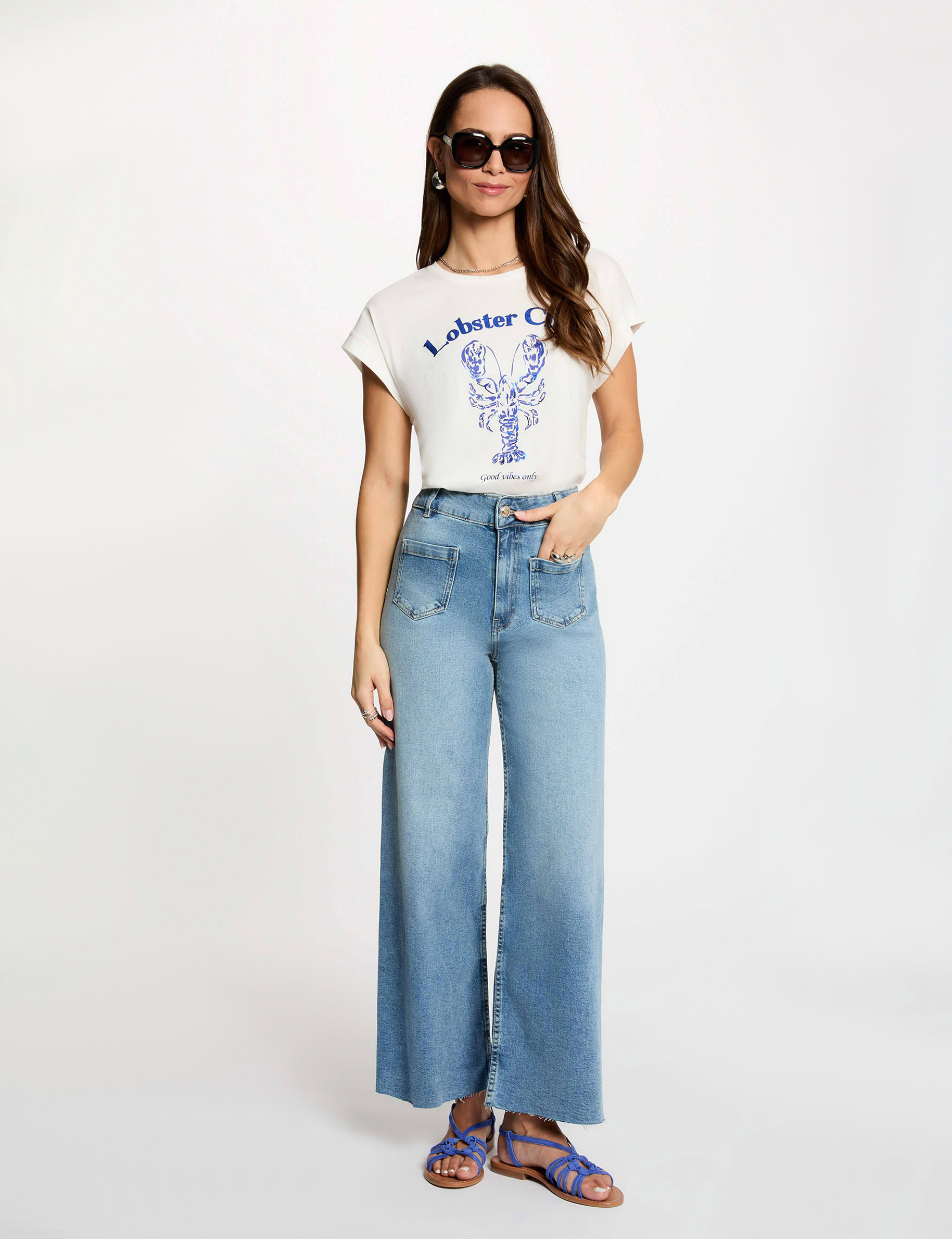 Jean large taille haute denim double stone femme
