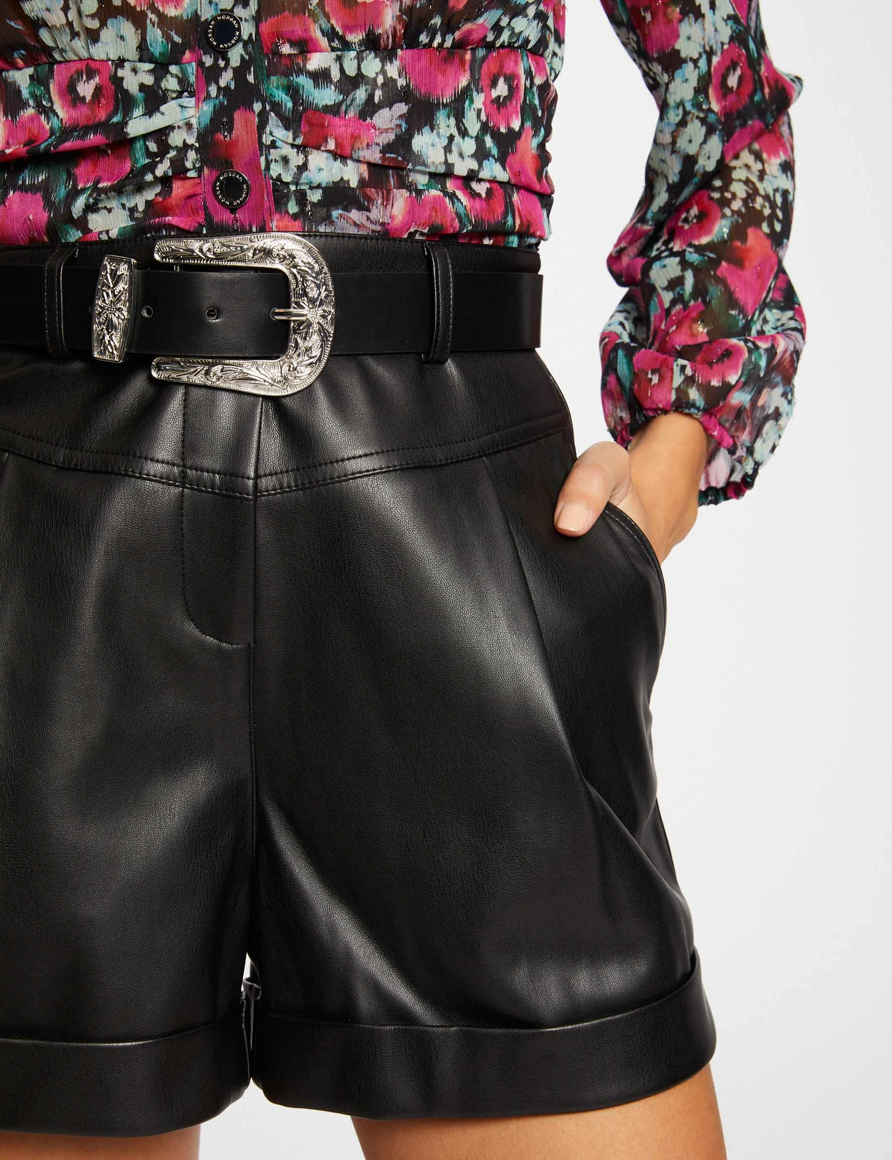 Short paperbag ceinturé simili cuir noir femme