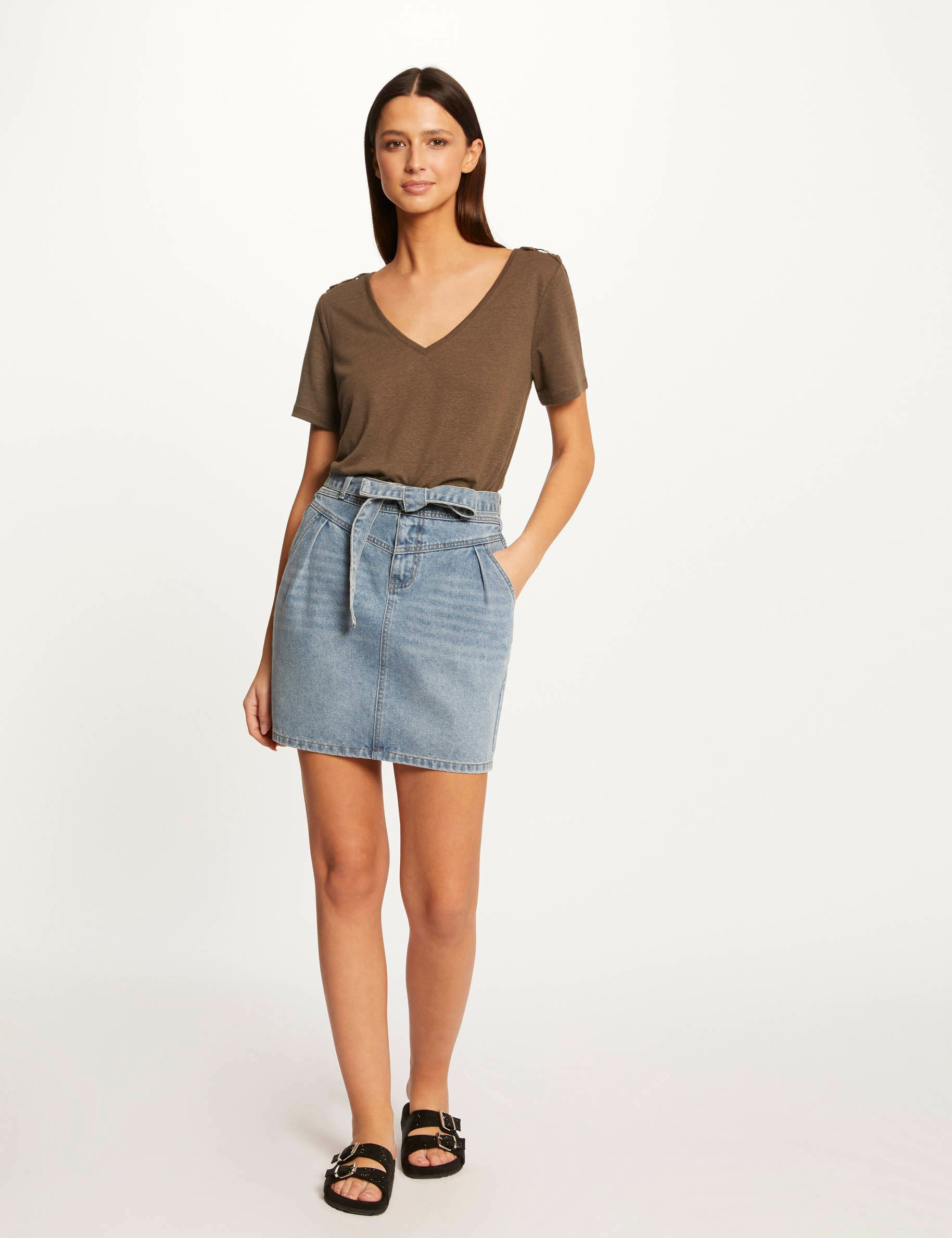 Jupe droite ceinturée en jean jean stone femme Jupe droite ceinturée en jean jean stone femme