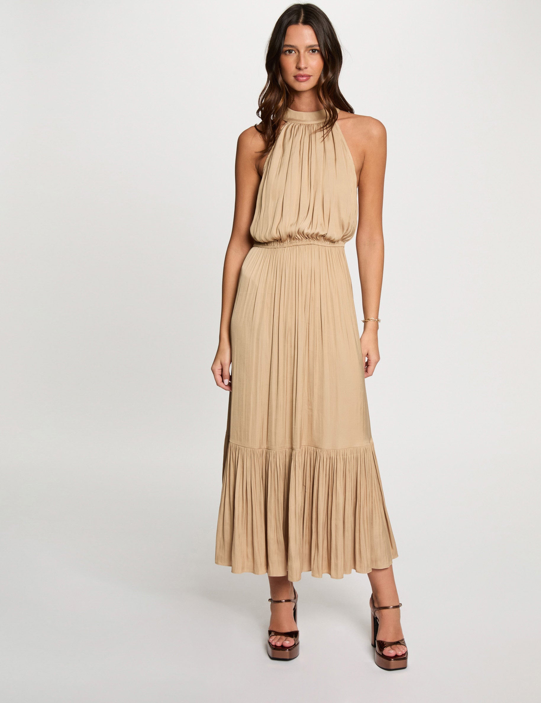 Robe longue col montant beige femme