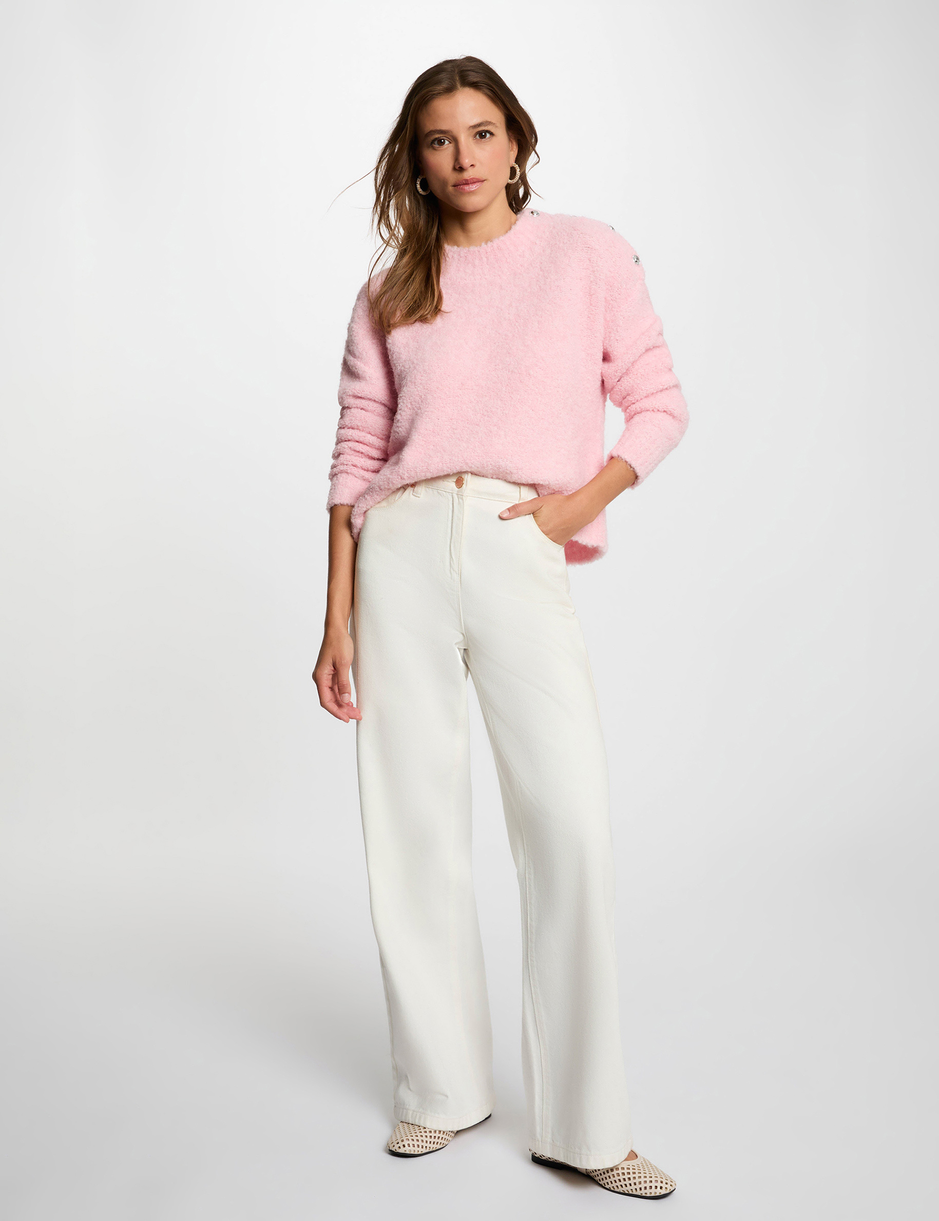 Pull col rond rose clair femme