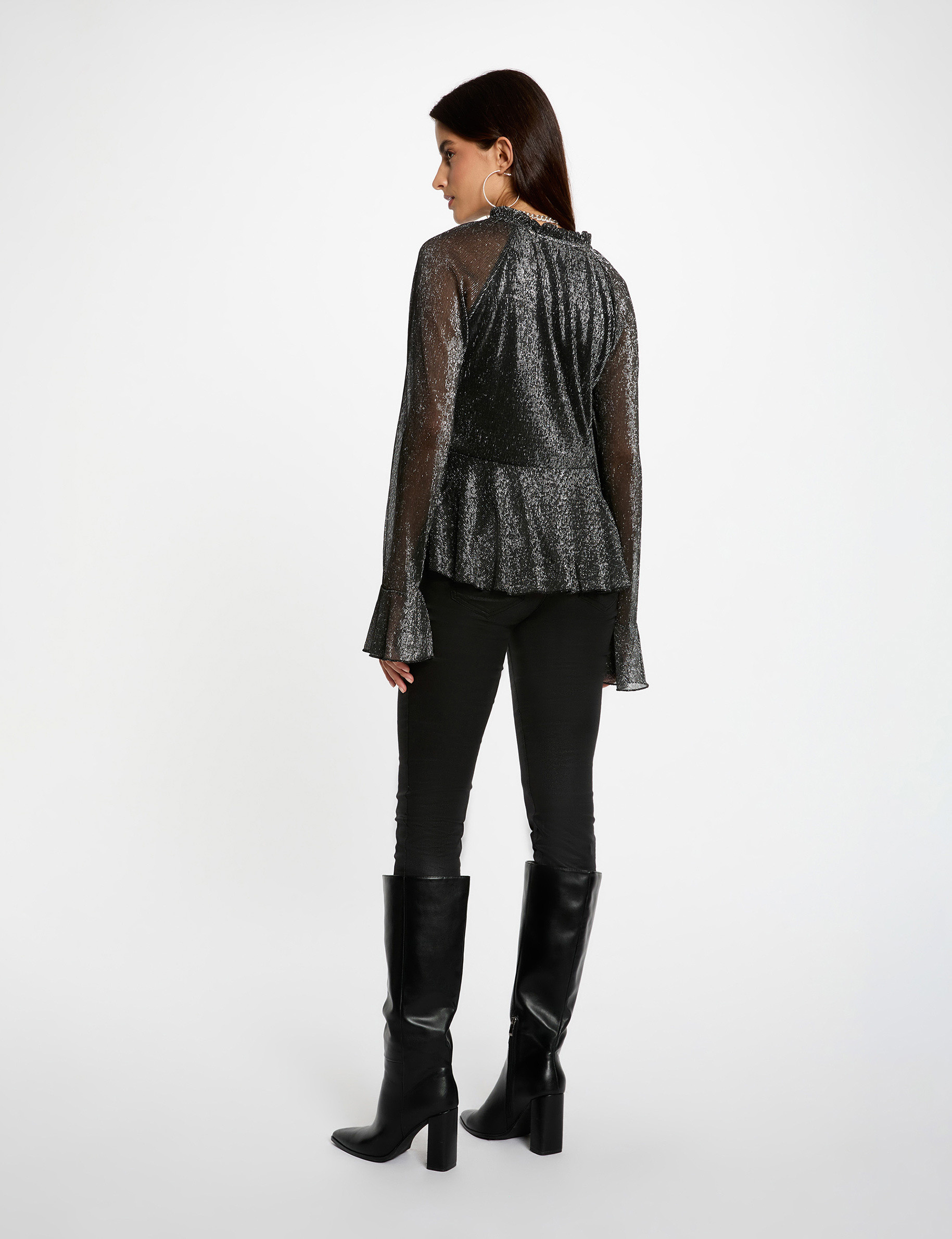 T-shirt col v manches longues noir femme