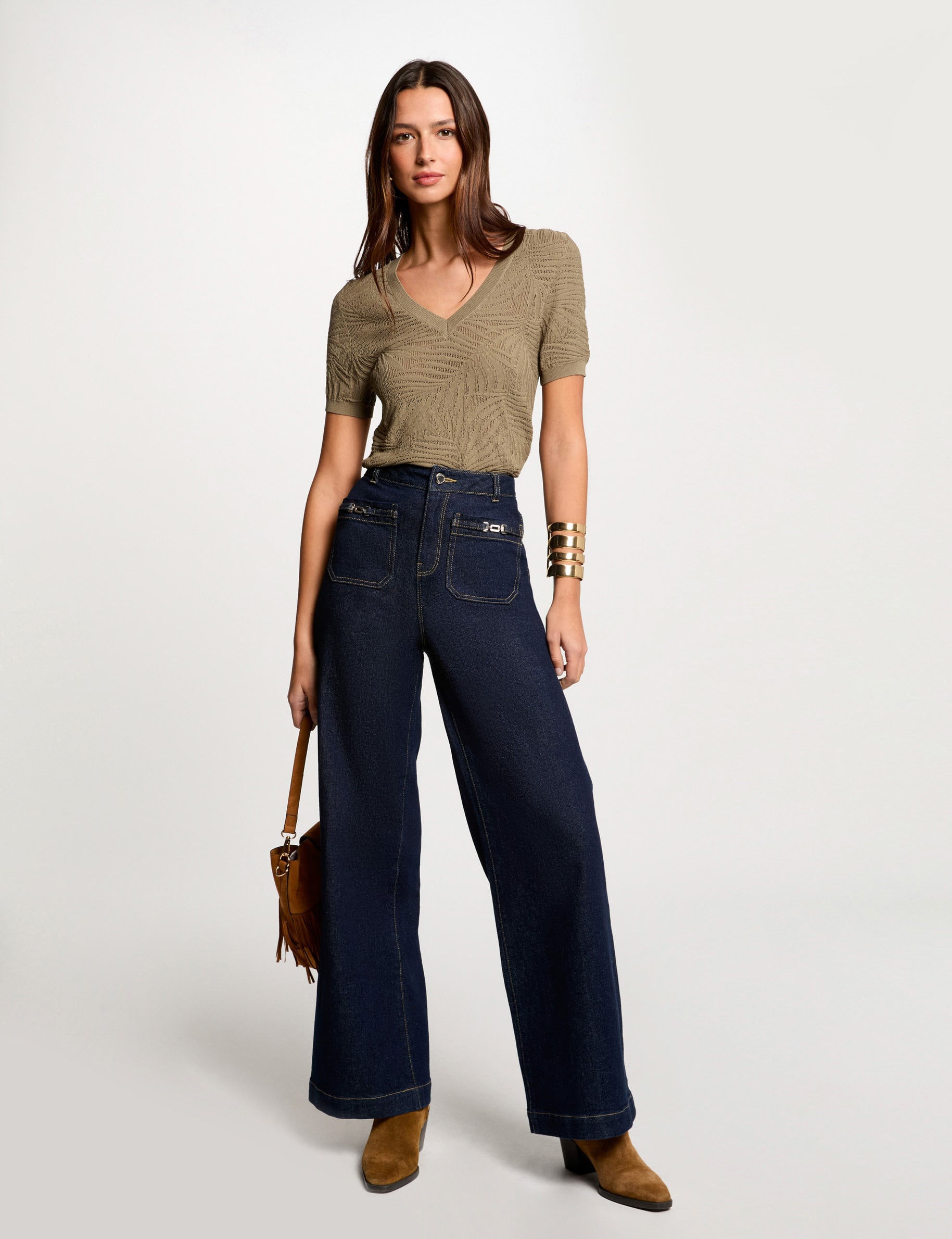 Pull manches courtes ajour&eacute; vert kaki femme