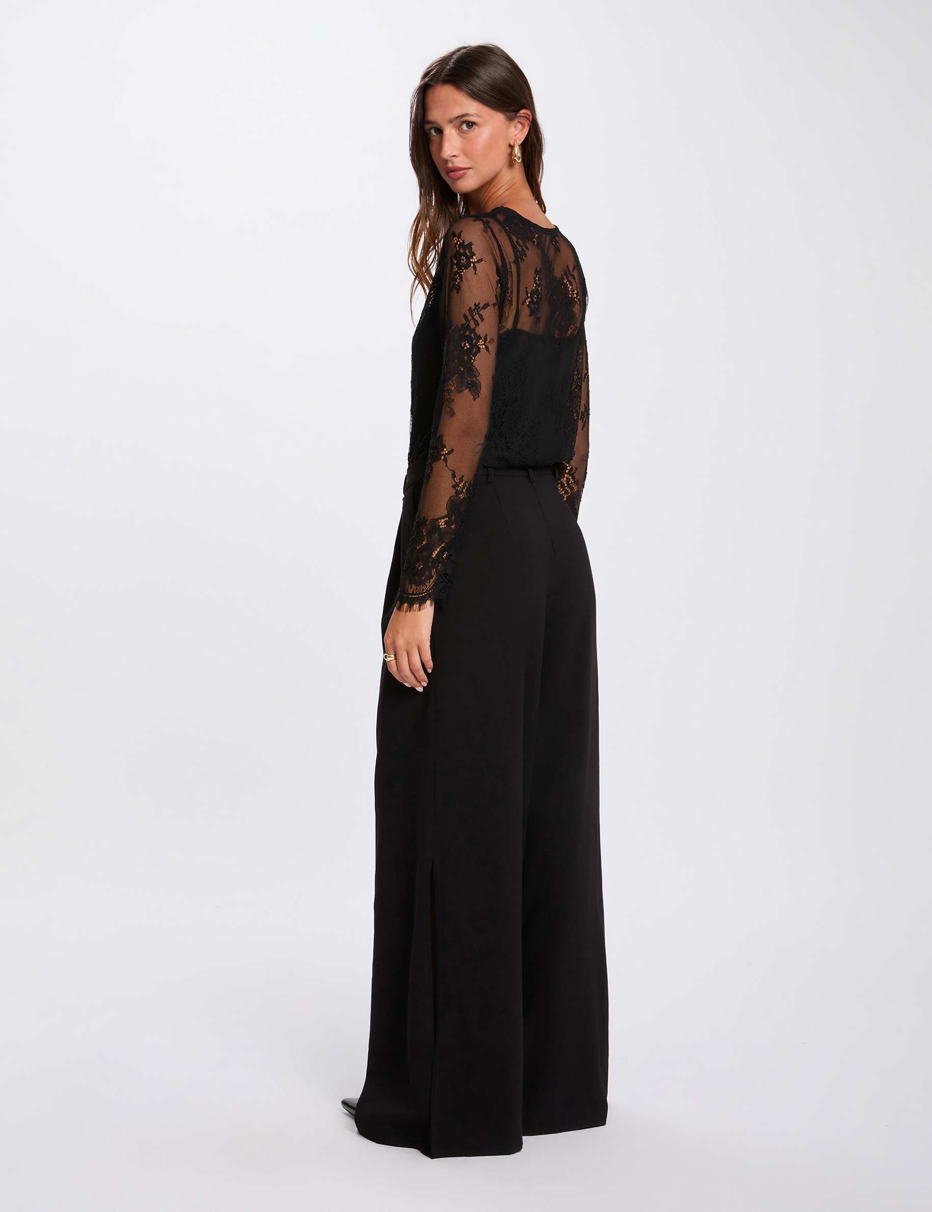 T-shirt dentelle manches longues noir femme