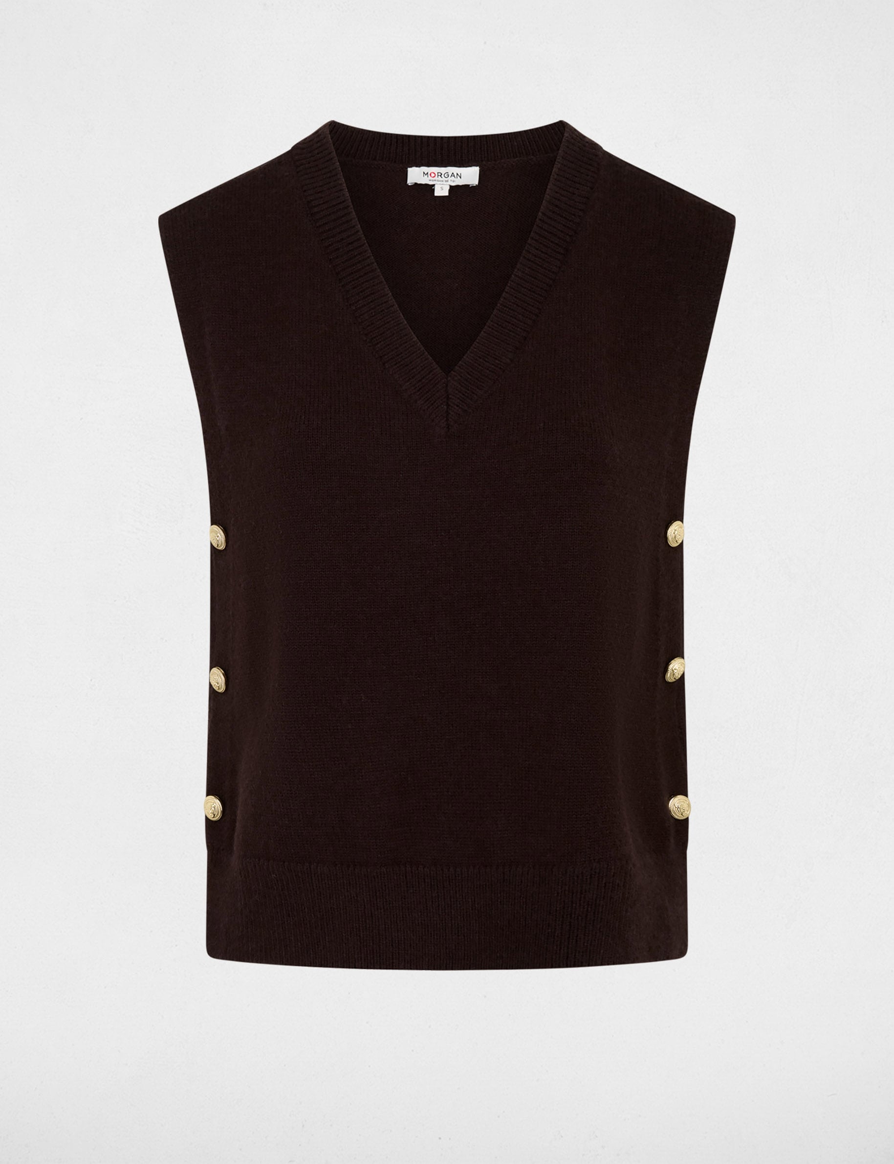Pull sans manches col v marron fonc&eacute; femme