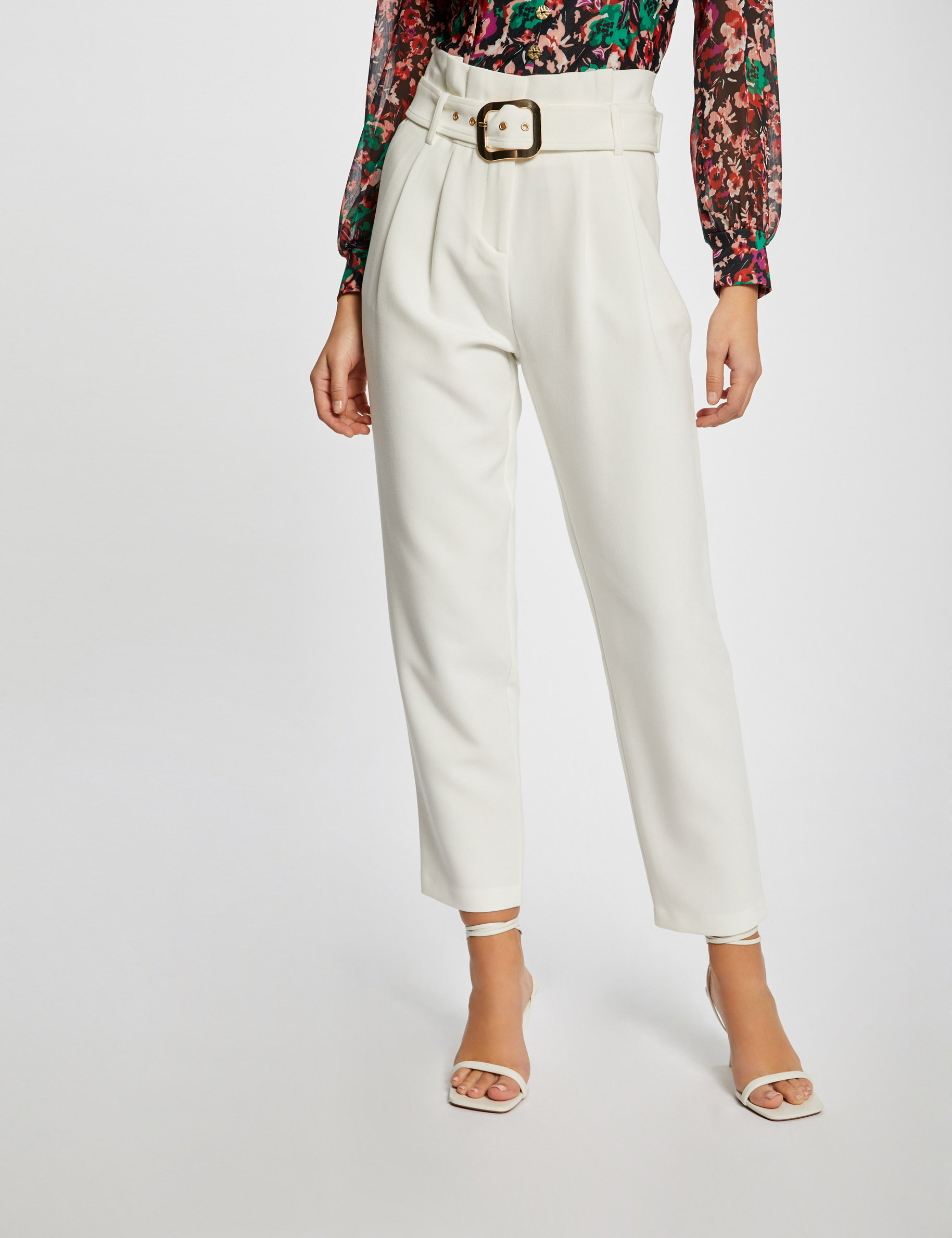Pantalon droit taille haute ceinturé ecru femme