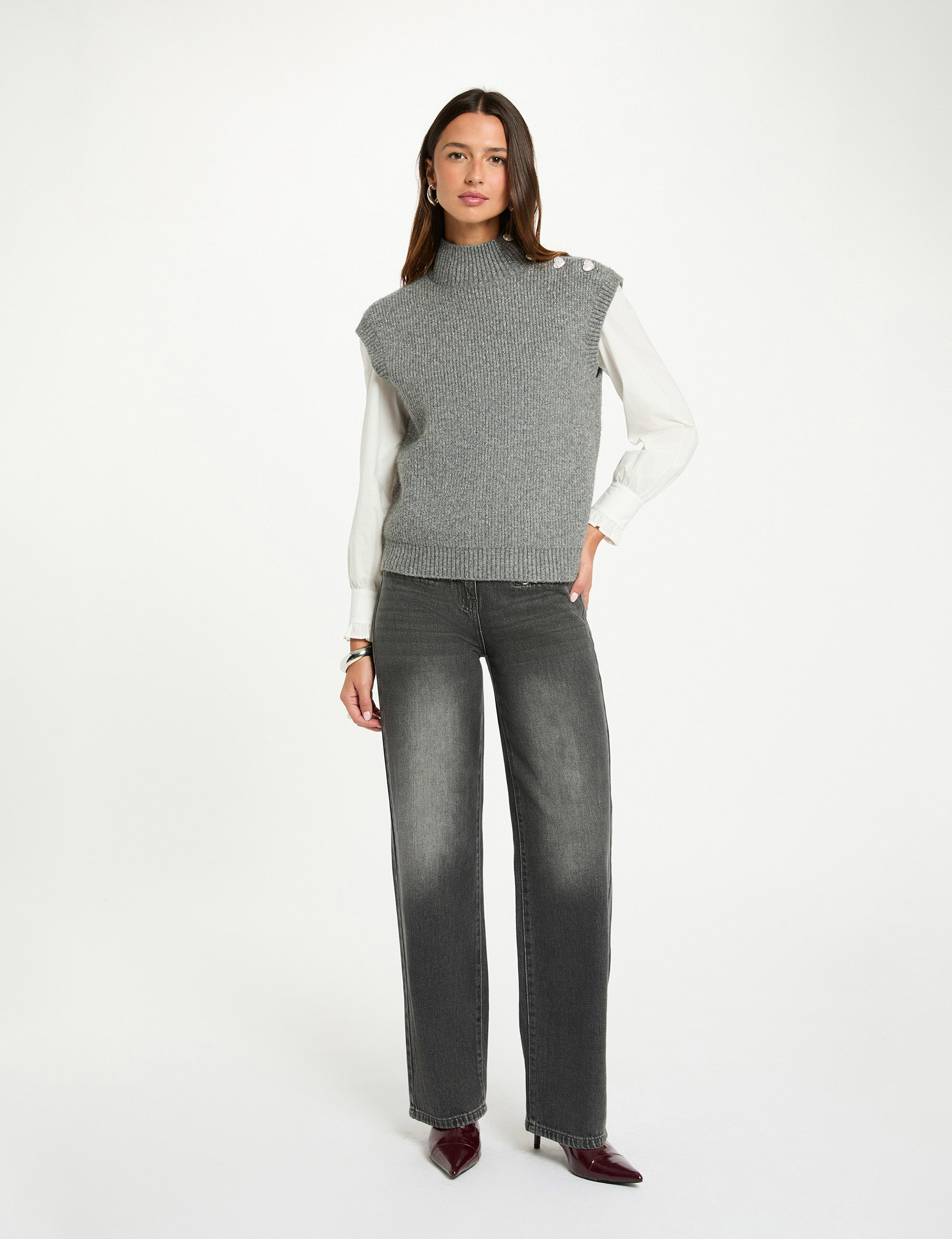 Pull sans manches gris fonc&eacute; femme