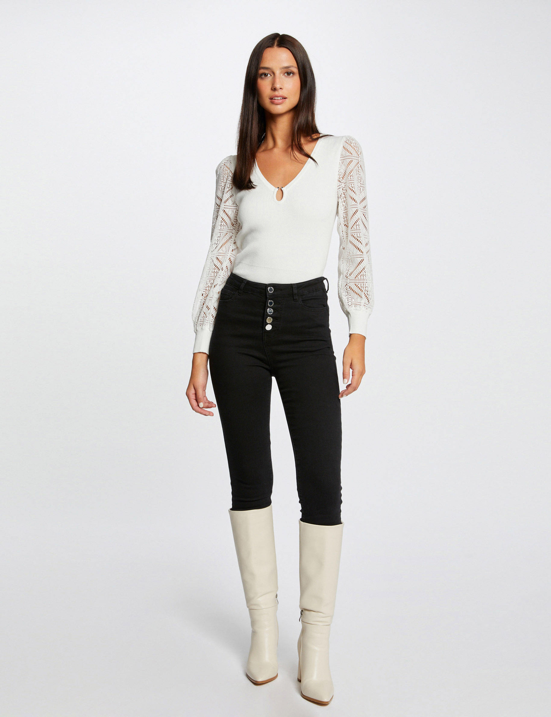 Pull manches longues en dentelle ecru femme