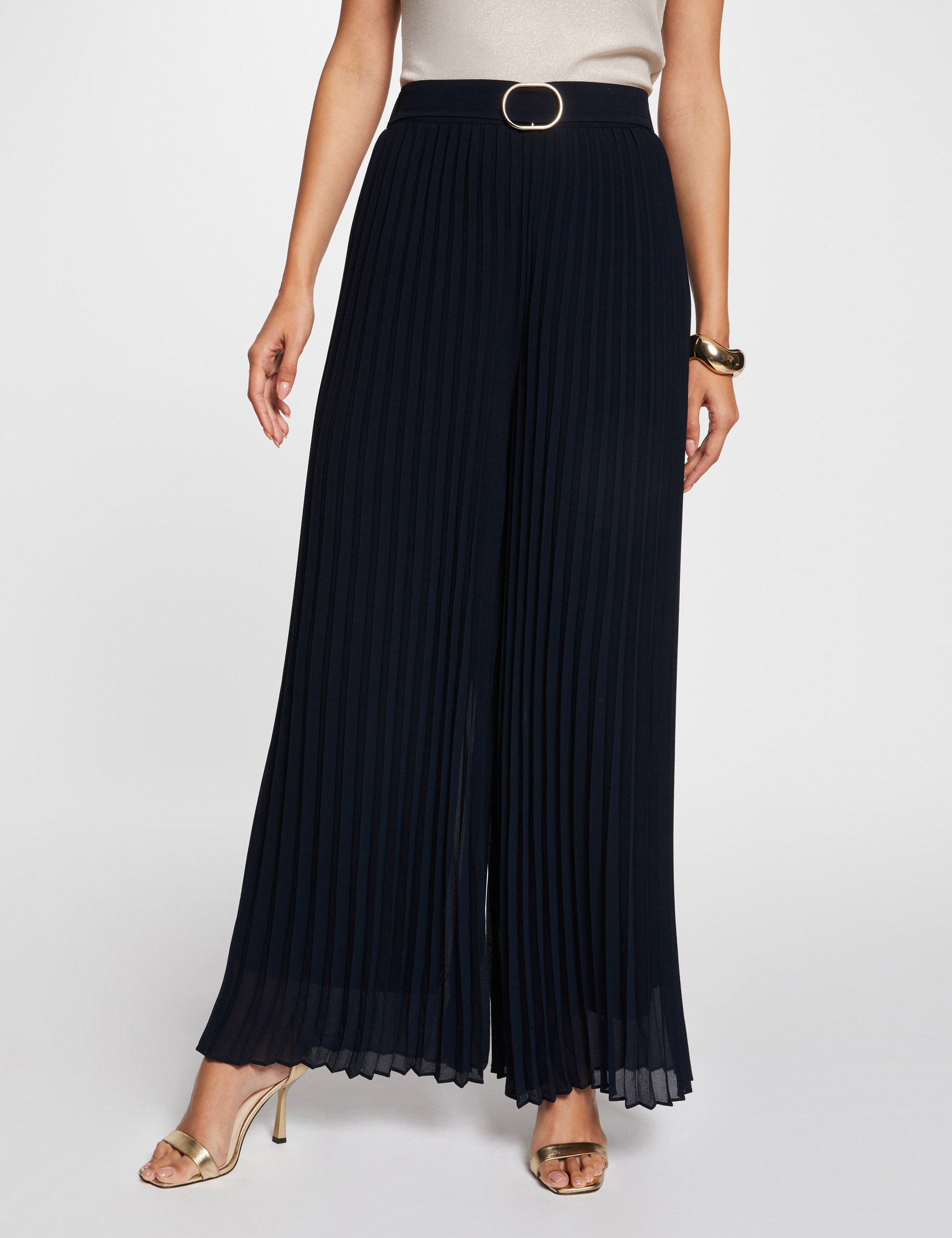 pantalon large fluide plisse bleu marine femme Pantalon large fluide plissé bleu marine femme