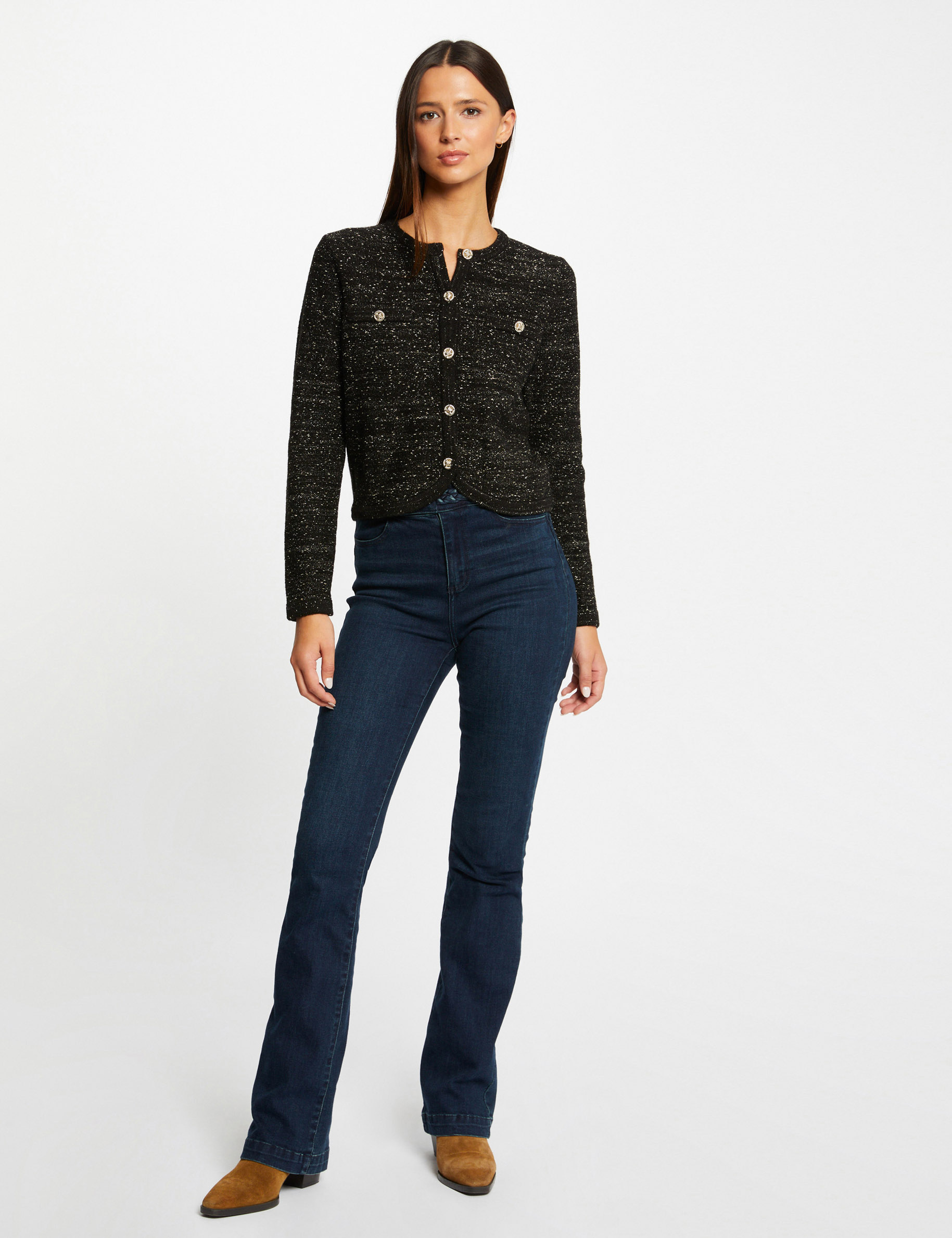 gilet court boutonne fils metallises noir femme Gilet court boutonné fils métallisés noir femme