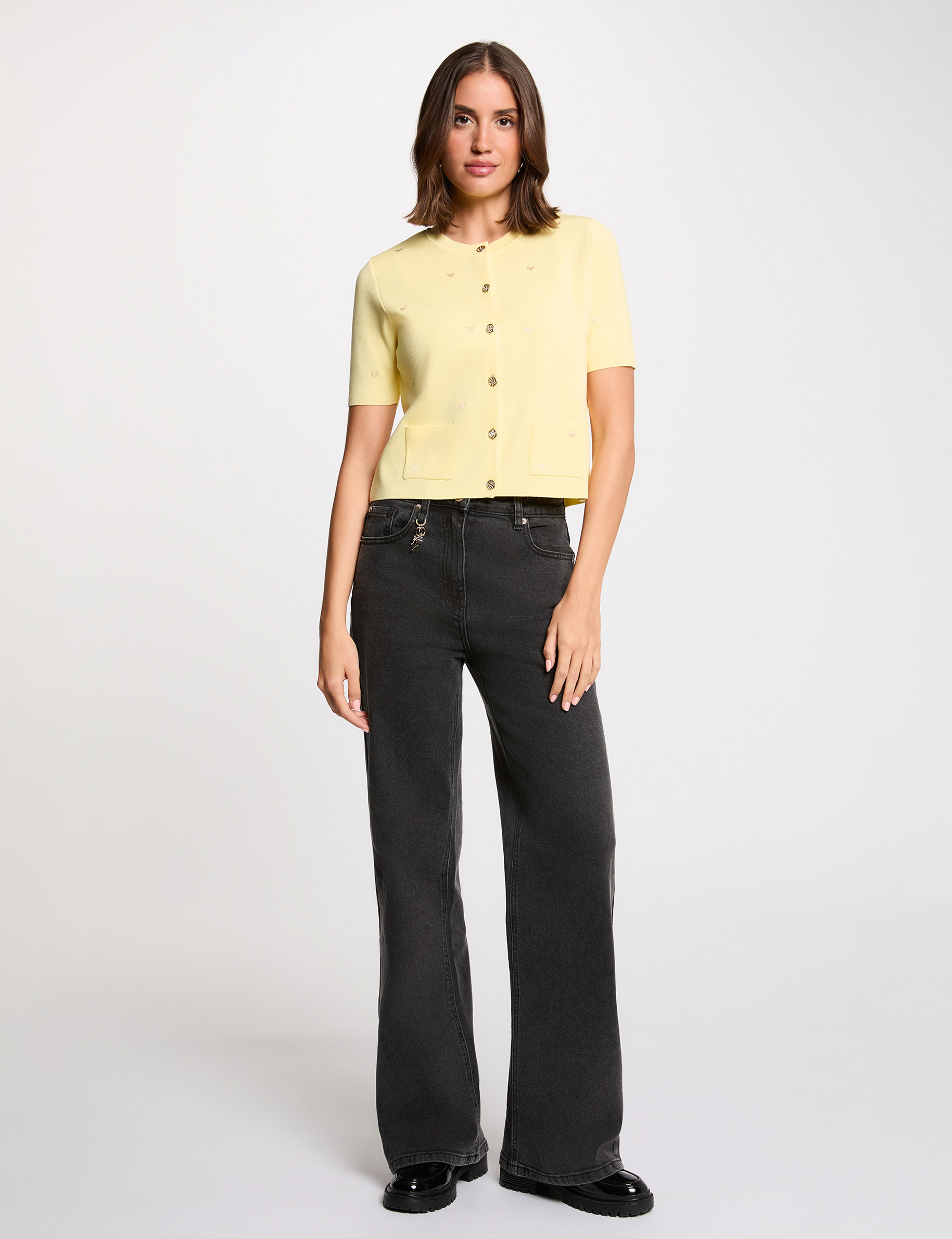 Gilet court col rond jaune pastel femme