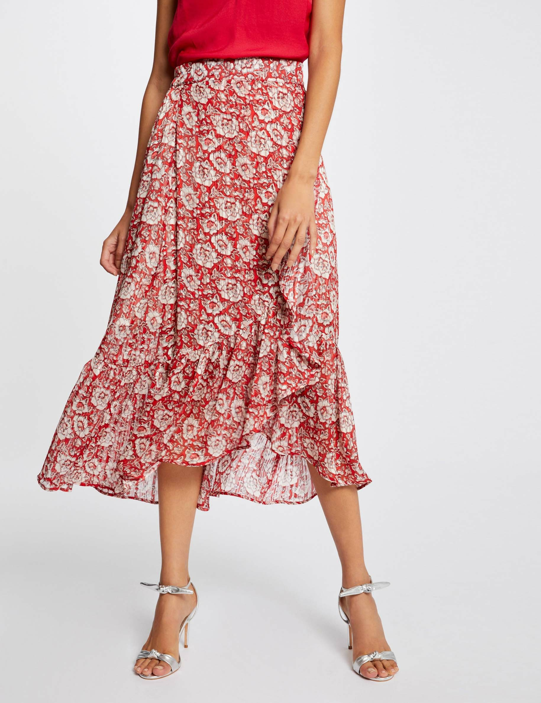 Jupe midi évasée imprimé floral rouge femme
