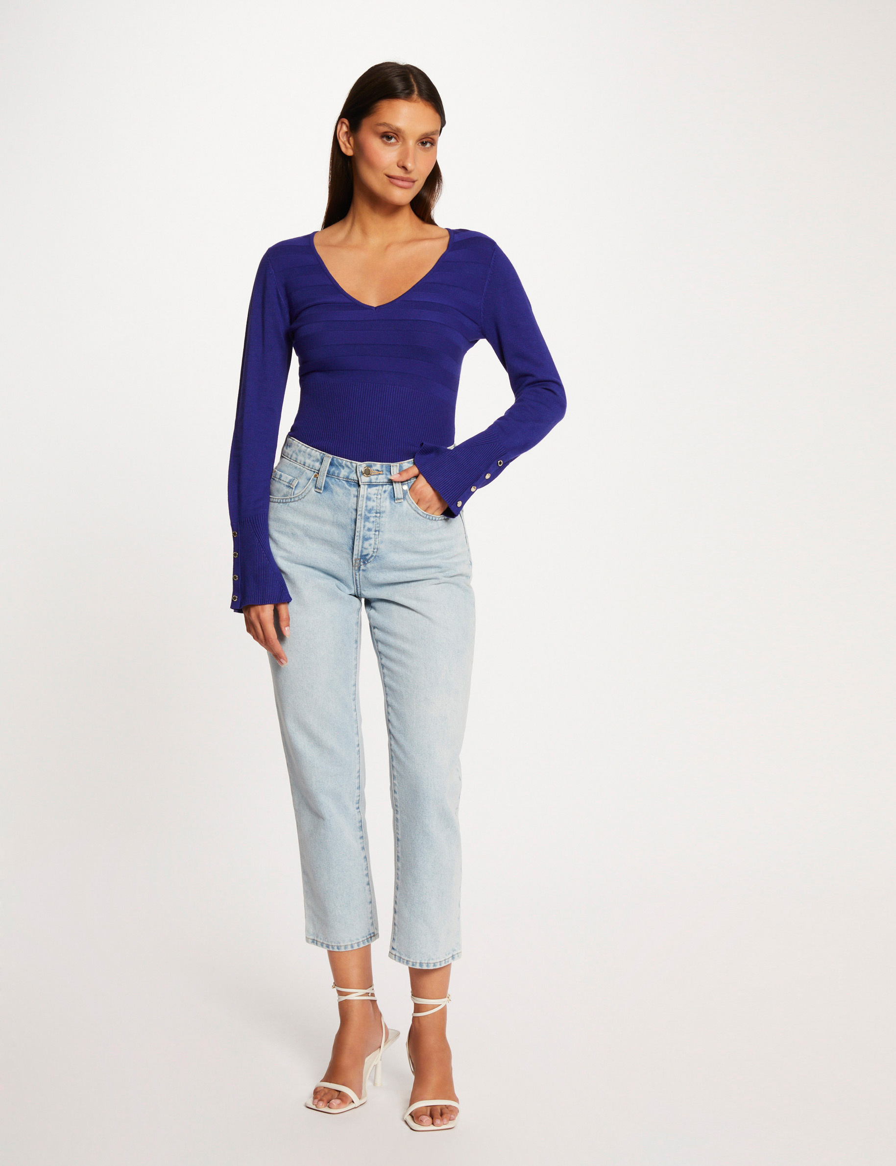 pull manches longues avec col en v bleu moyen femme Pull manches longues avec col en V bleu moyen femme