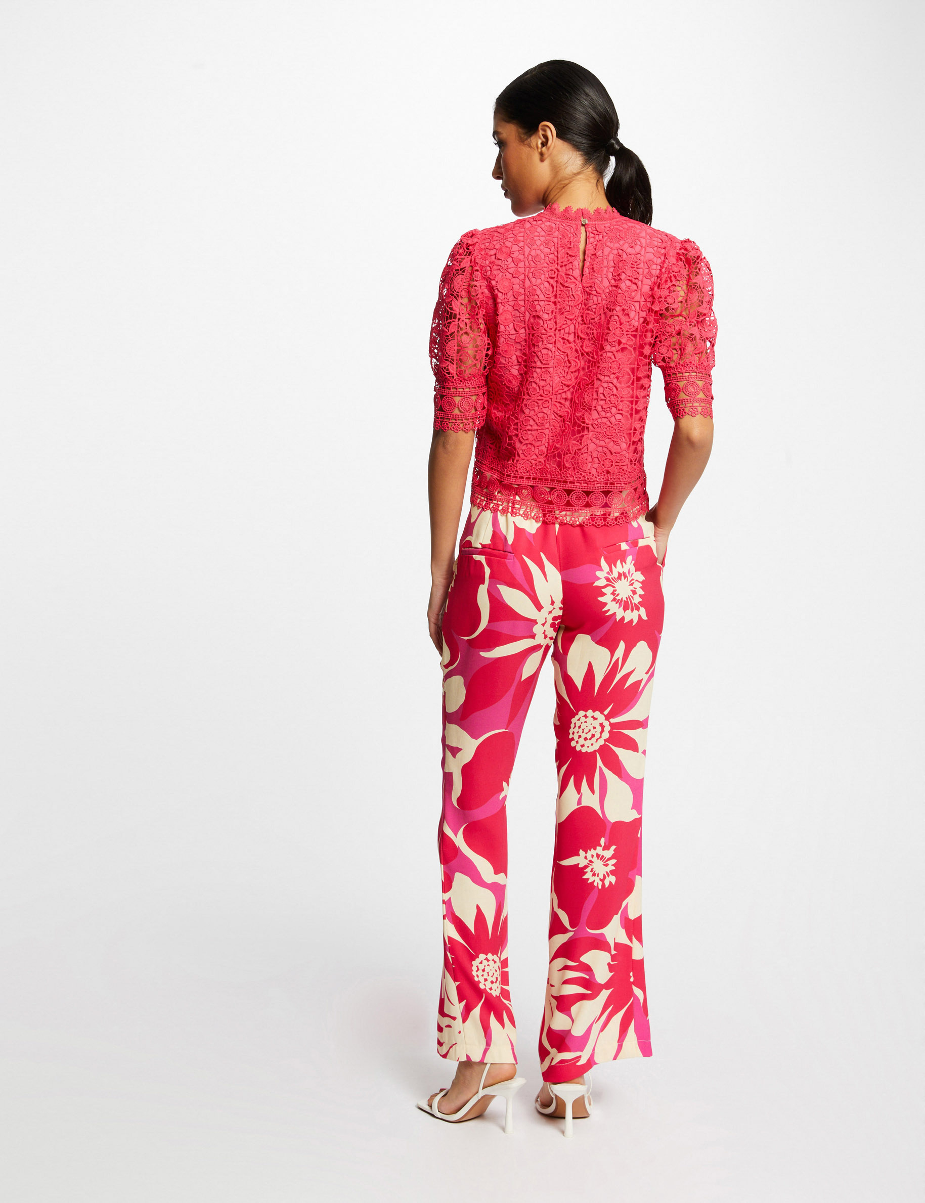 Blouse manches courtes en dentelle rose moyen femme Blouse manches courtes en dentelle rose moyen femme