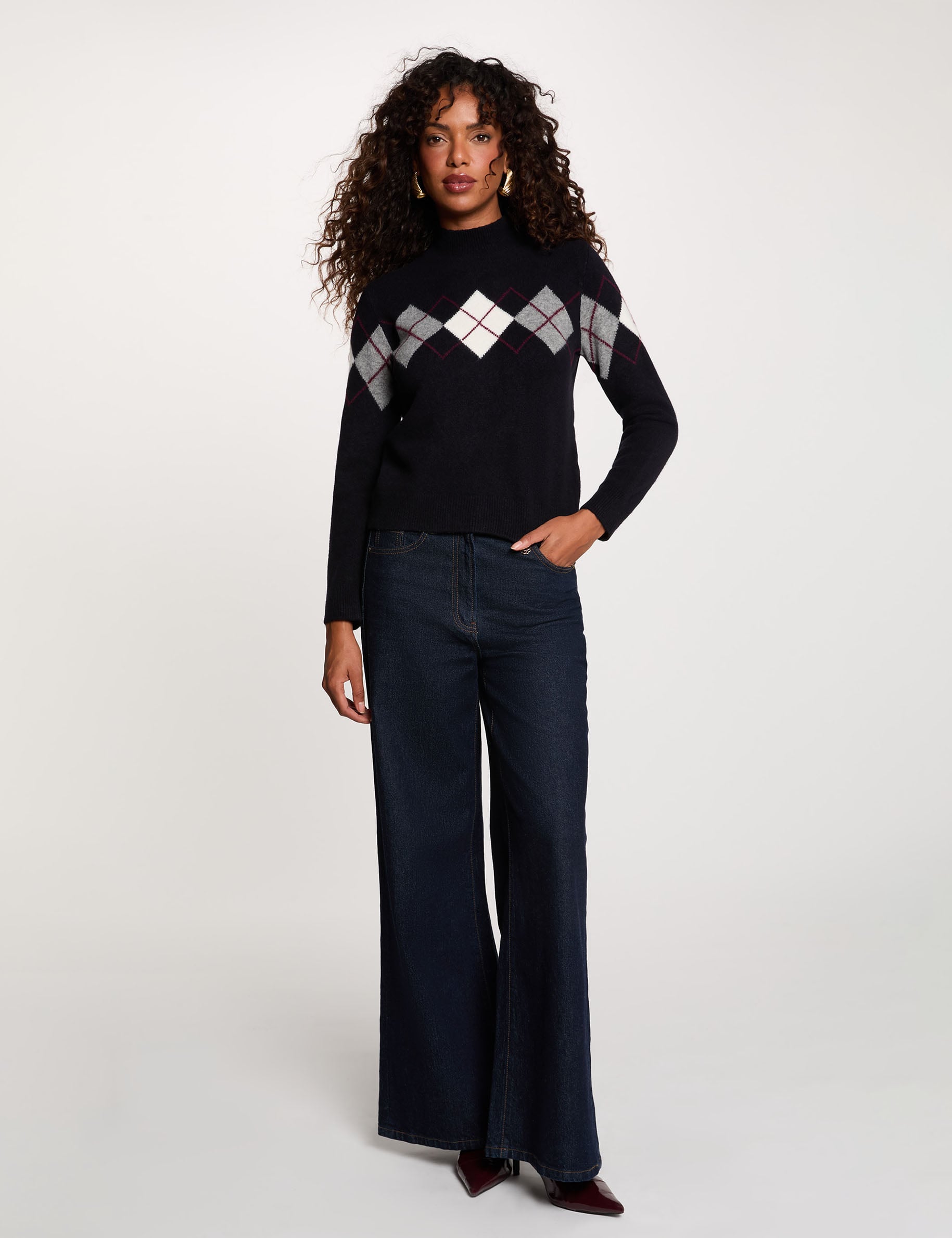 Pull jacquard col montant bleu marine femme