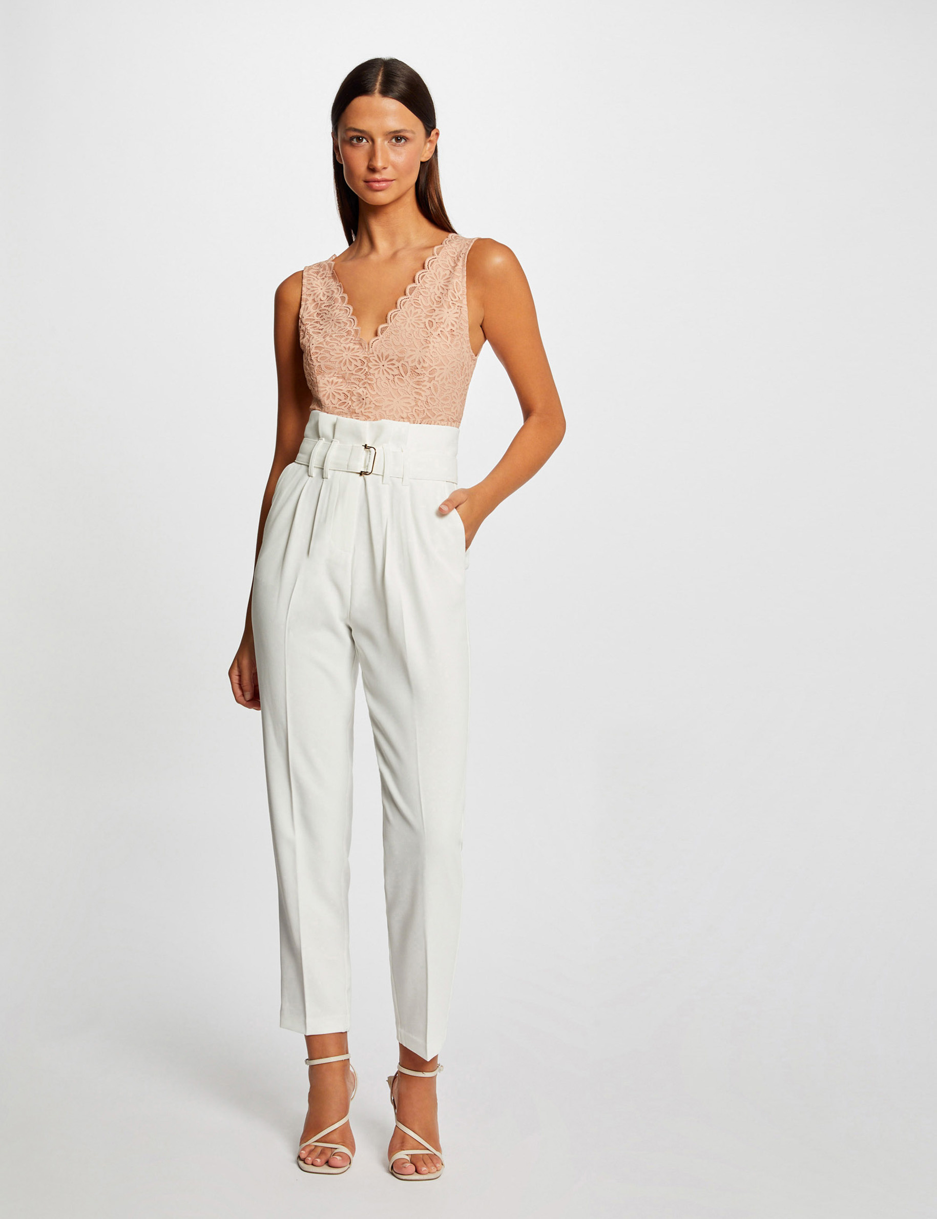 pantalon paperbag ceinture ecru femme Pantalon paperbag ceinturé ecru femme