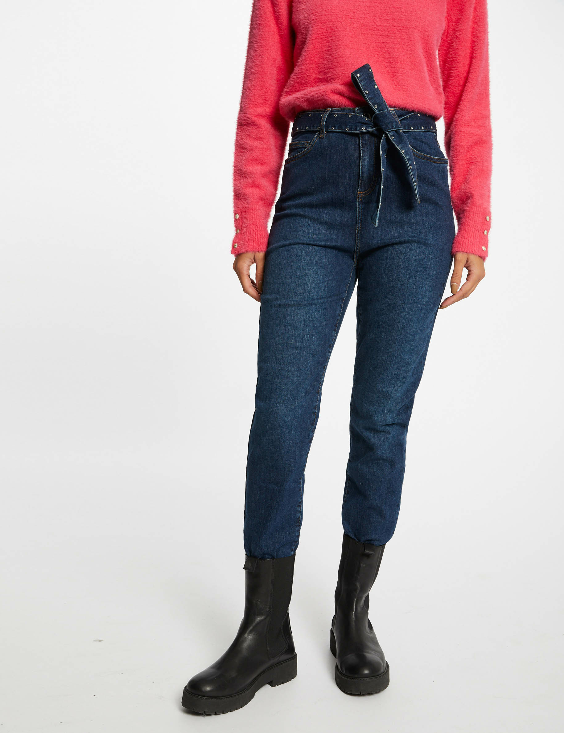 Jeans regular taille haute ceinturé jean stone femme