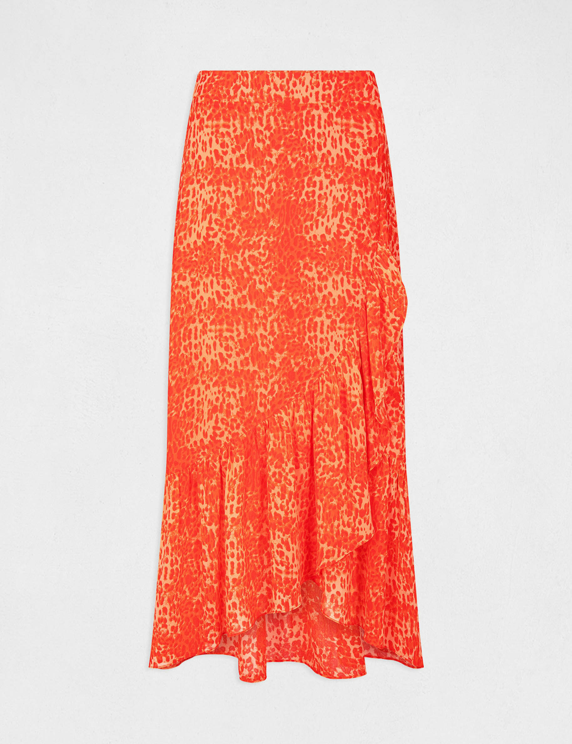 Jupe longue portefeuille imprimé léopard orange femme Jupe longue portefeuille imprimé léopard orange femme