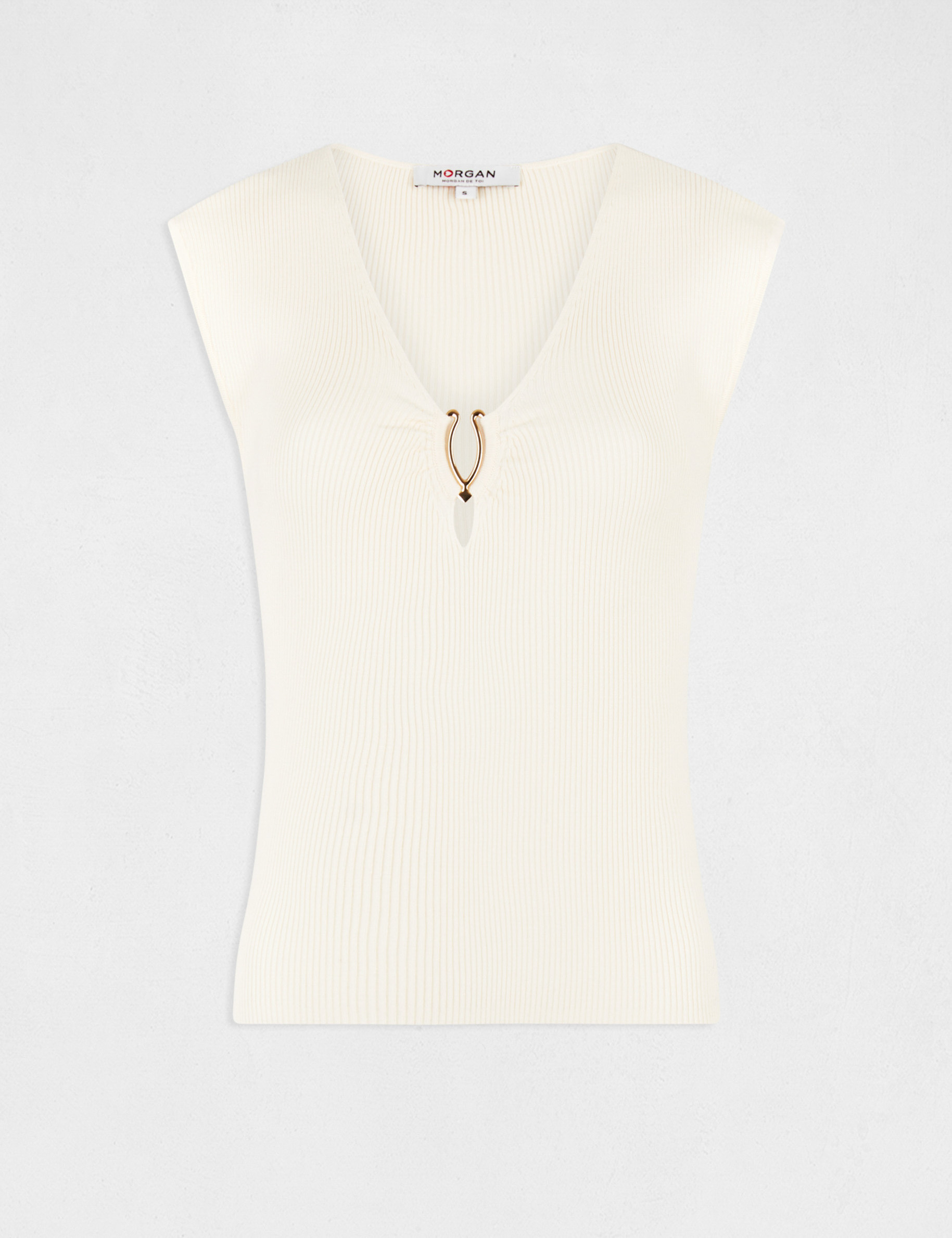 Pull manches courtes col détail bijou ecru moyen femme Pull manches courtes col détail bijou ecru moyen femme