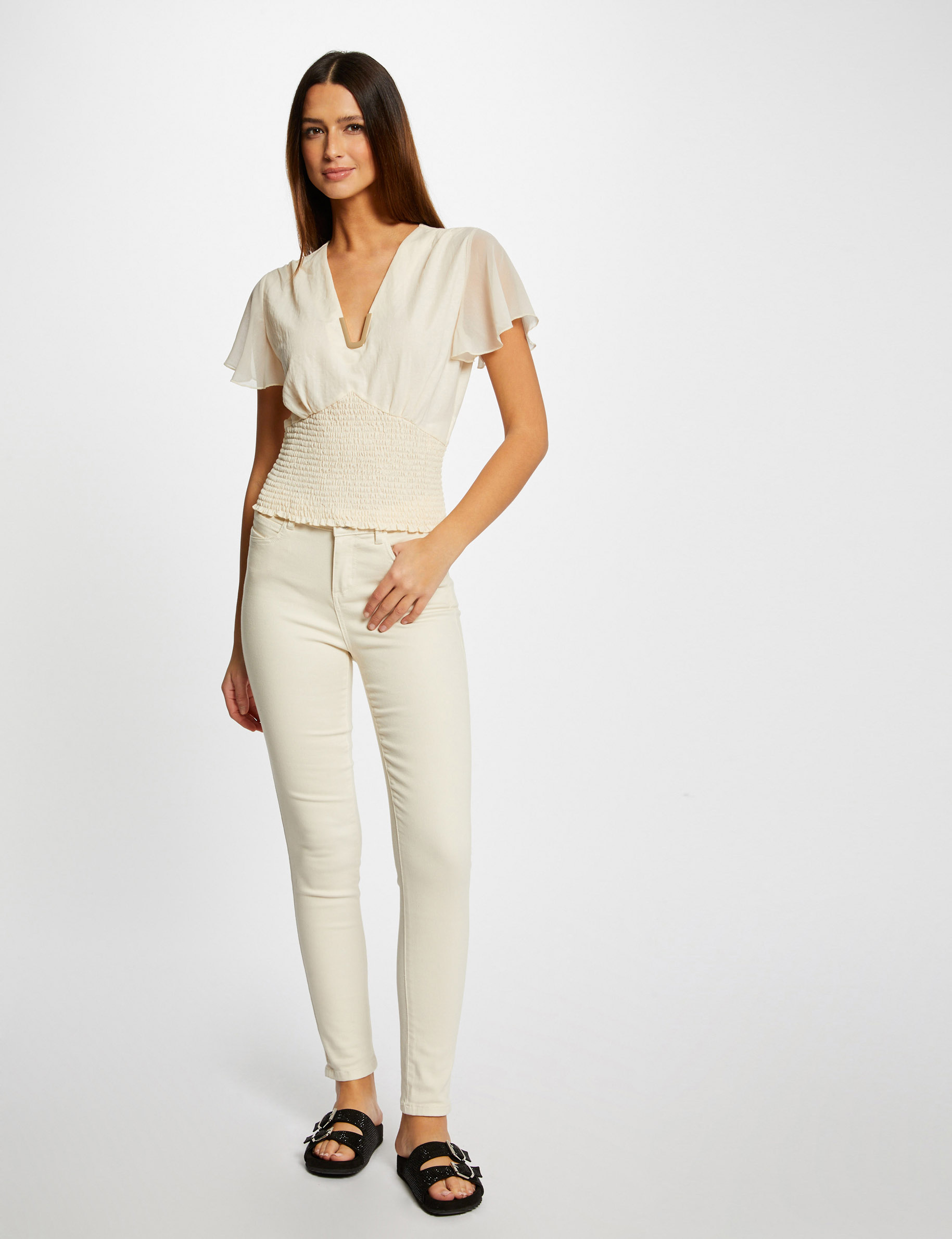 T-shirt manches courtes smocké ecru moyen femme T-shirt manches courtes smocké ecru moyen femme