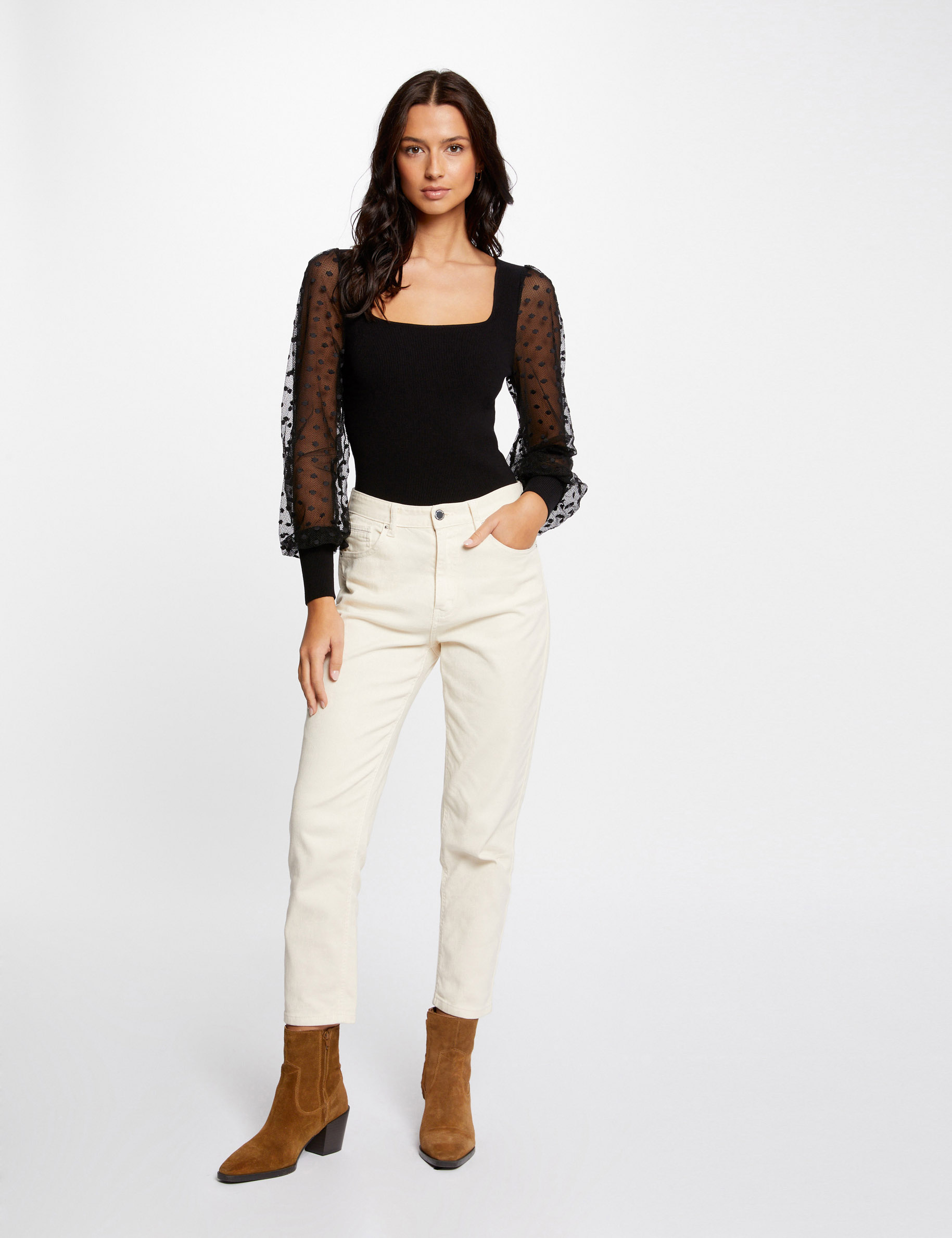 Pull manches longues à plumetis noir femme