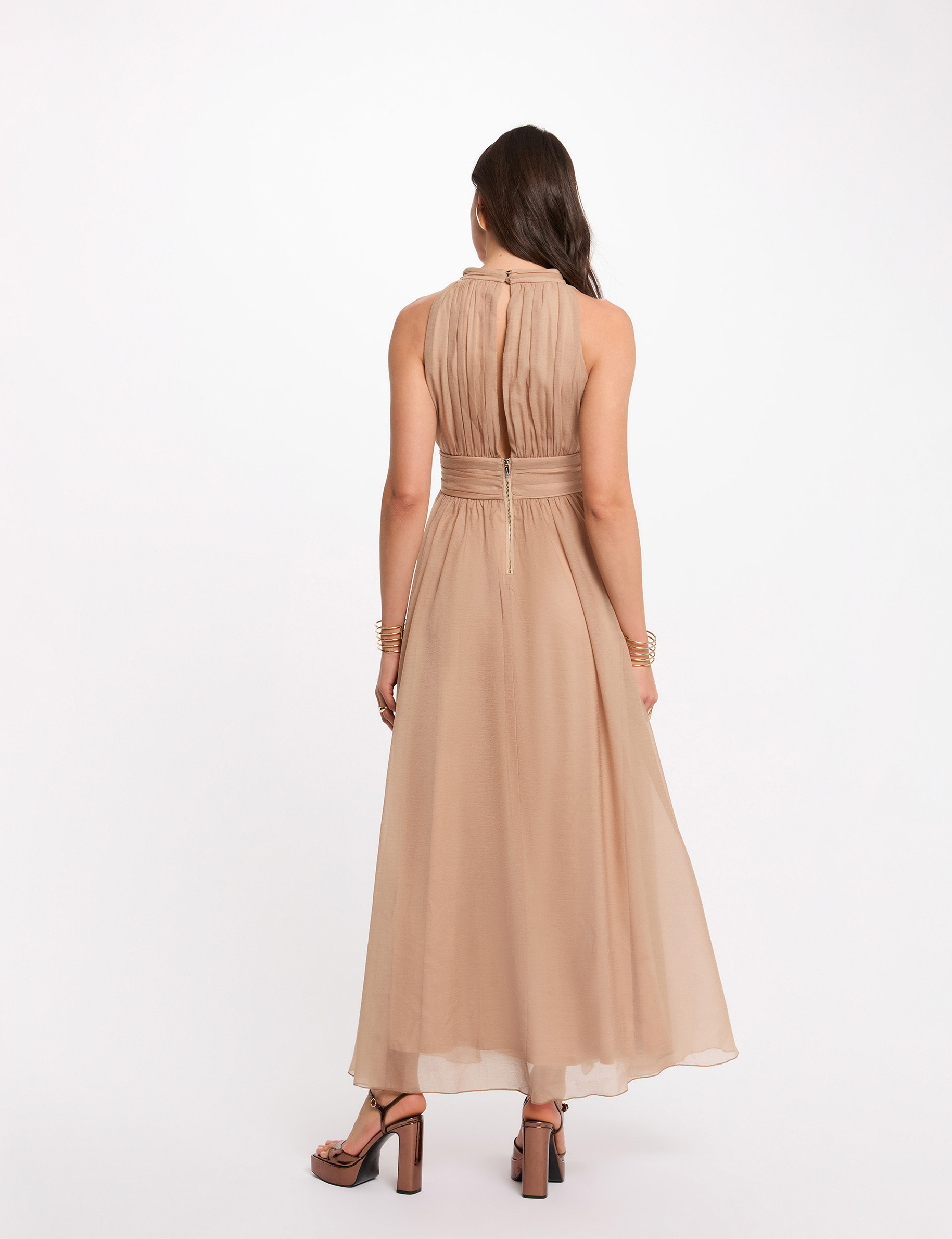 Robe longue col montant taupe femme
