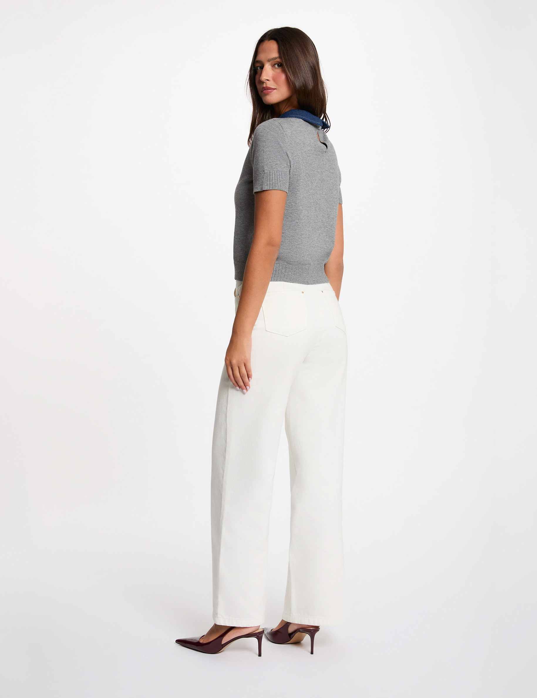 Pull col &agrave; revers gris clair femme