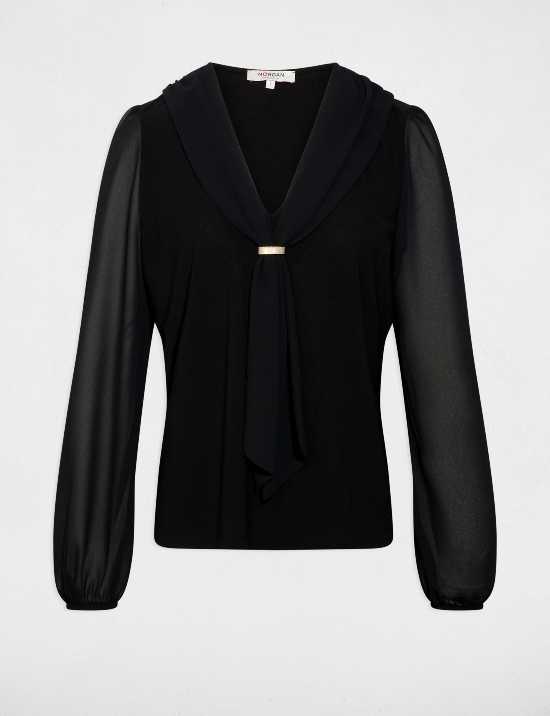 T-shirt voile col lavalli&egrave;re noir femme