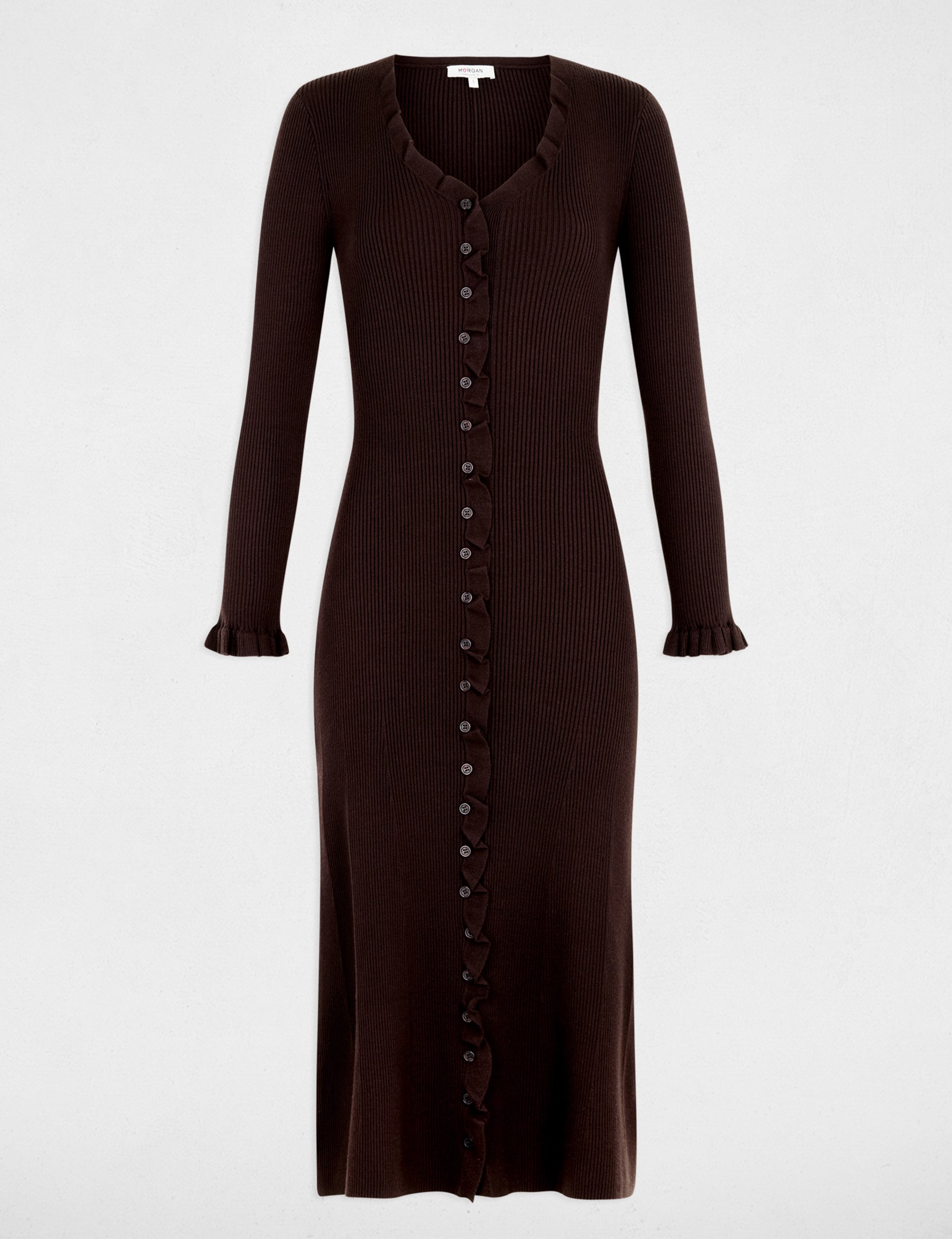 Robe tricot longue col v marron fonc&eacute; femme