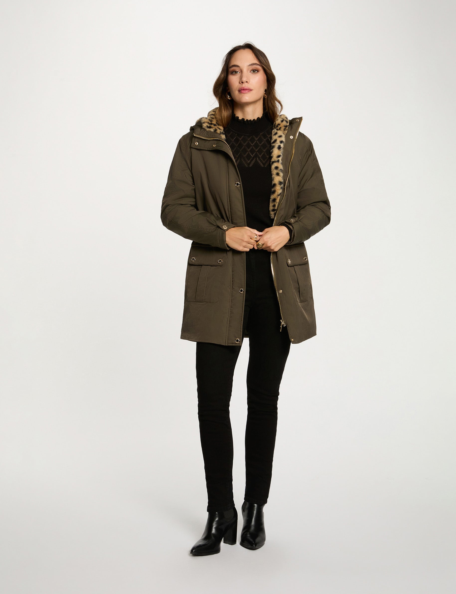 Parka longue fausse fourrure vert kaki femme